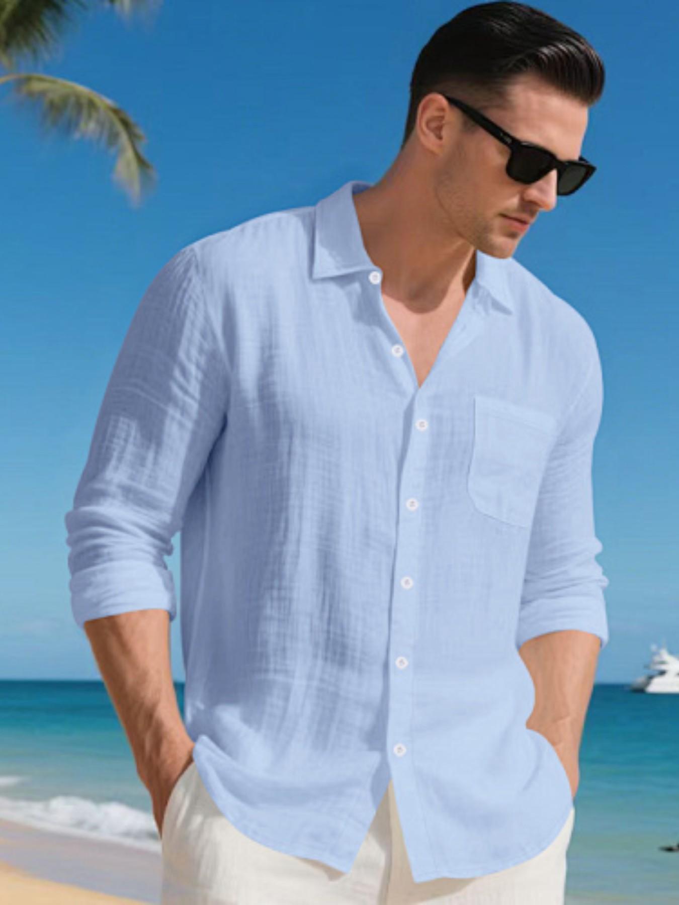 Men's Summer Linen Spread Collar Long Sleeve Shirts! Loose fit for all body types, breathable and skin-friendly without sweatiness, perfect for beach vacations, office wear, and versatile multi-scene outfits
