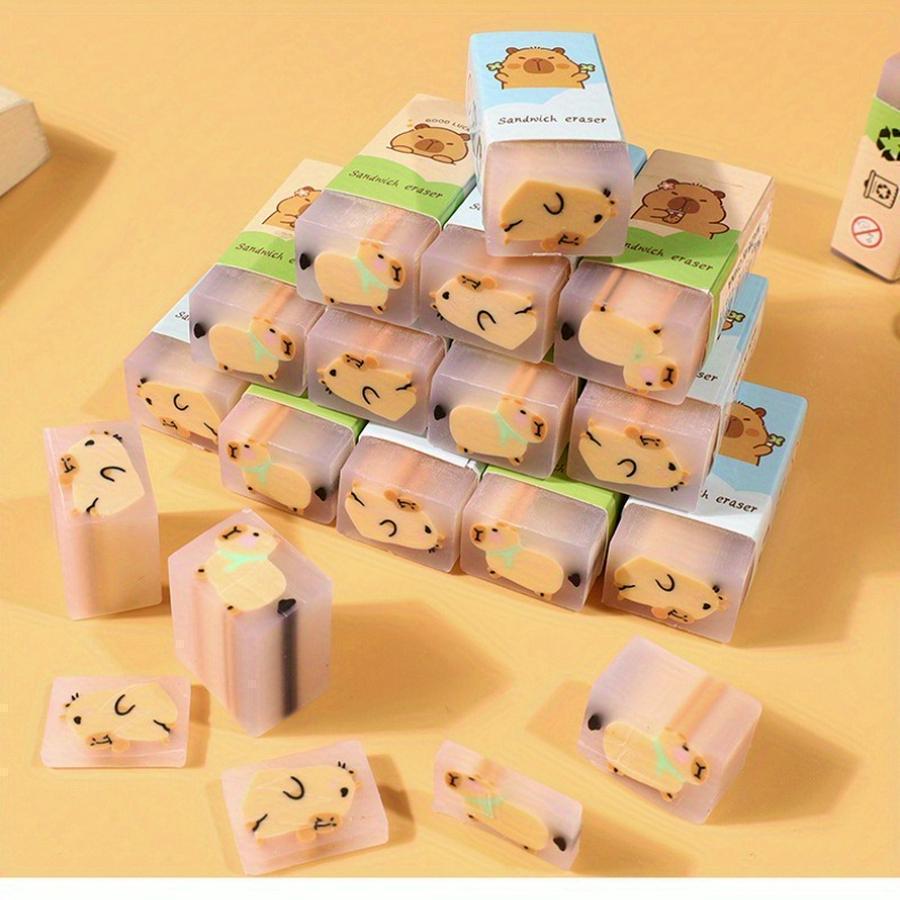 Random 12/36 pcs Cute Capybara Erasers - No-Crumb, Perfect for Office & School Supplies, Assorted Colors (Blue, Green, Yellow), School Supplies Essentials | Playful Design | Durable Erasers