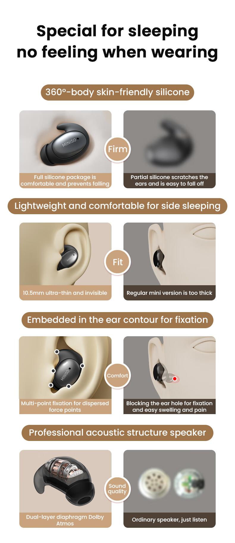 MINISO MS153 Wireless Sleep Earbuds Noise Blocking Headphones for Sleep Comfortable Fit Bluetooth 5.4 Earphones Side Sleeping In-Ear Headsets Noise reduction and sleep aid