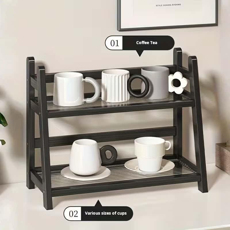 Double Layer Storage Rack, Cup Holder, Mug Organizer, Kitchen and Living Room Use, Small Desktop Shelf, Durable Wooden Material, Space Saving Design, Display Shelf