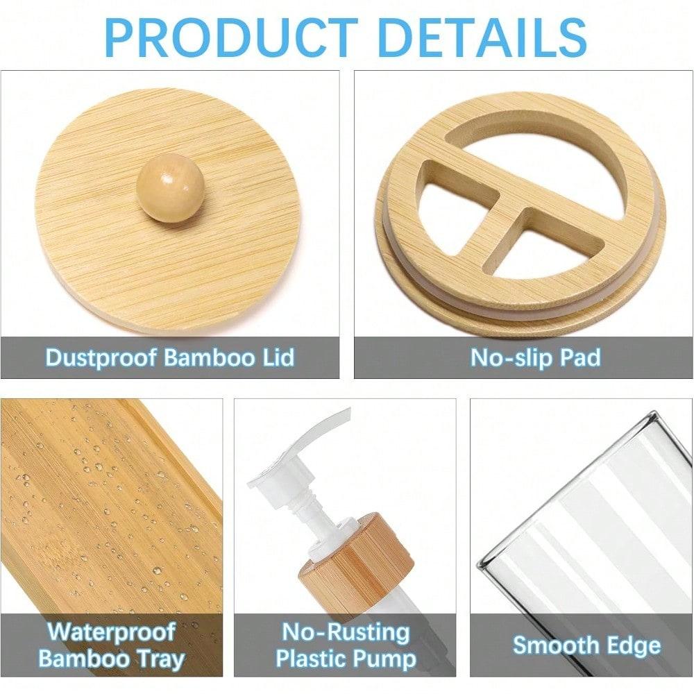 5 Pack Bamboo Bathroom Accessories Set With Tray, Plastic Soap Dispenser, Clear Toothbrush Holder And 2 Qtip Holder Cotton Ball Container Jar