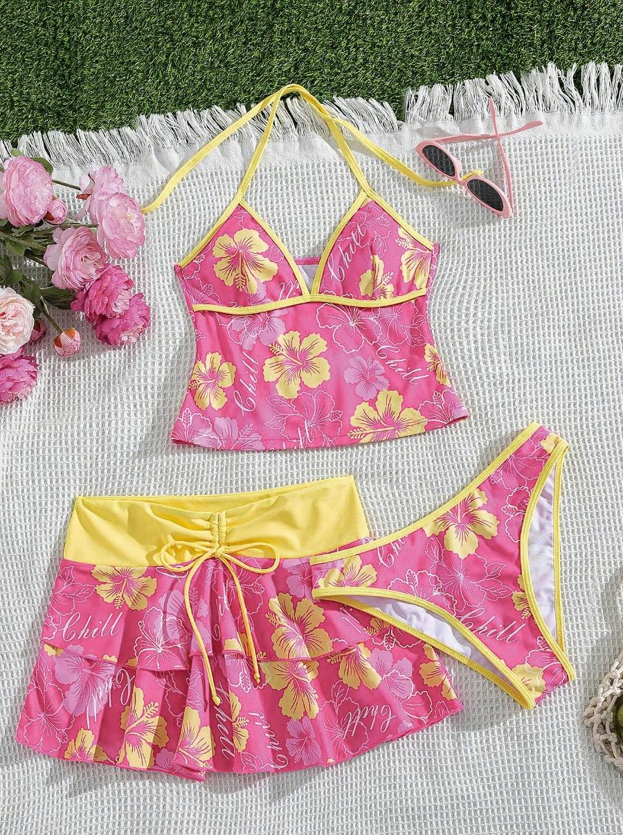 Women's Summer Beach Festival Print Halter Bikini Set, Casual Vacation Style, Fitted Tank Top and Skirt Three-Piece Suit, Tankini Sets