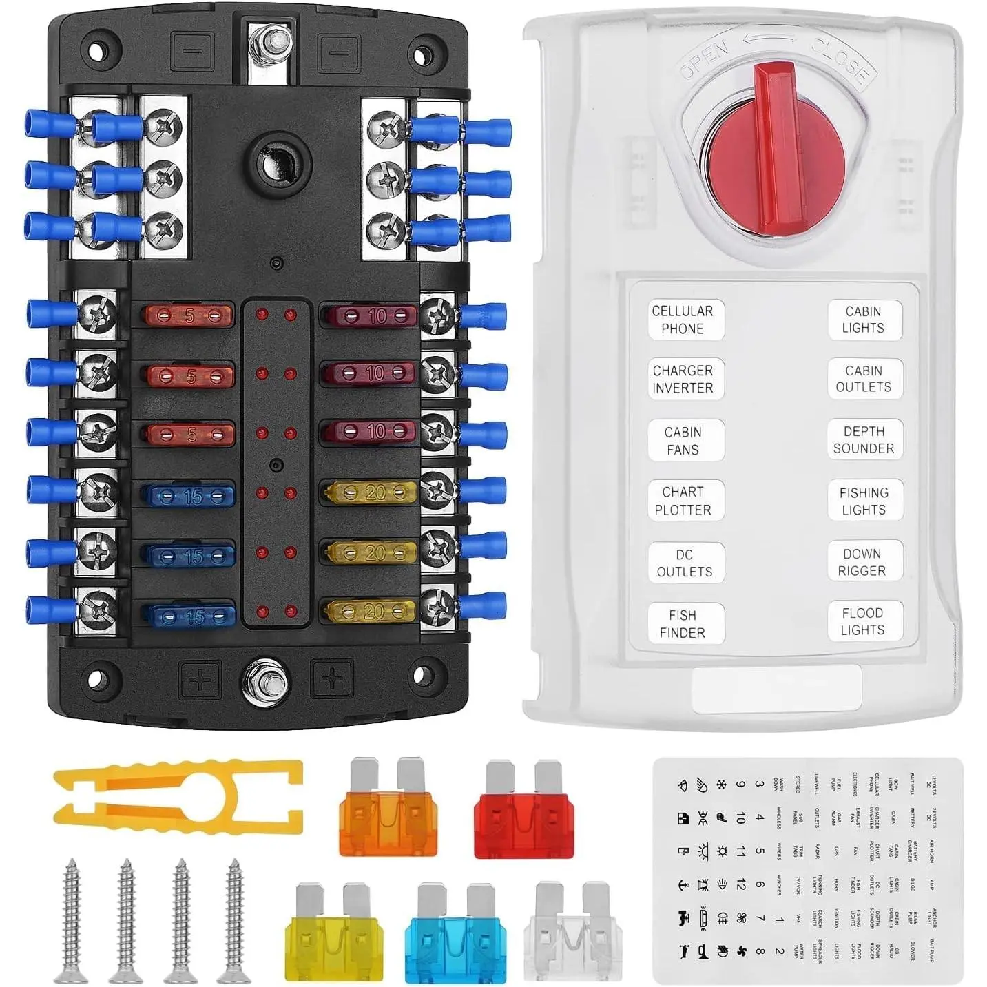 12V Fuse Block 12 Circuit ATO/ATC Fuse Box with LED Indicator Light, 32 Terminal Blocks, 25 Fuses and 4 Panel Fixing Screws for Car, Boats, Trucks, Electrical Components