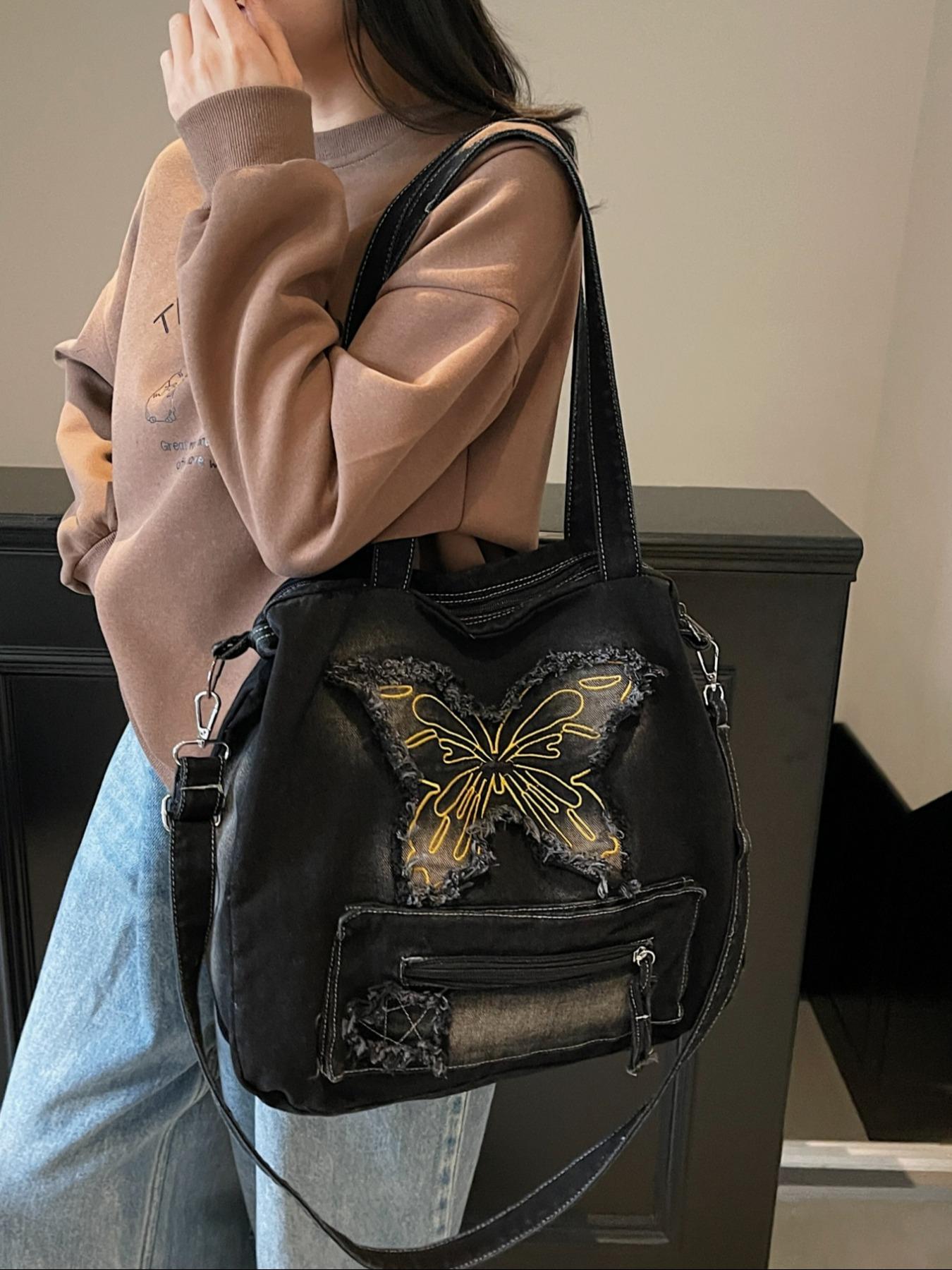 Women's Butterfly Embroidery Denim Tote Bag, Fashionable Large Capacity Shoulder Bag for Daily Used, Casual Trendy Versatile High-quality Daily Commuting Bag