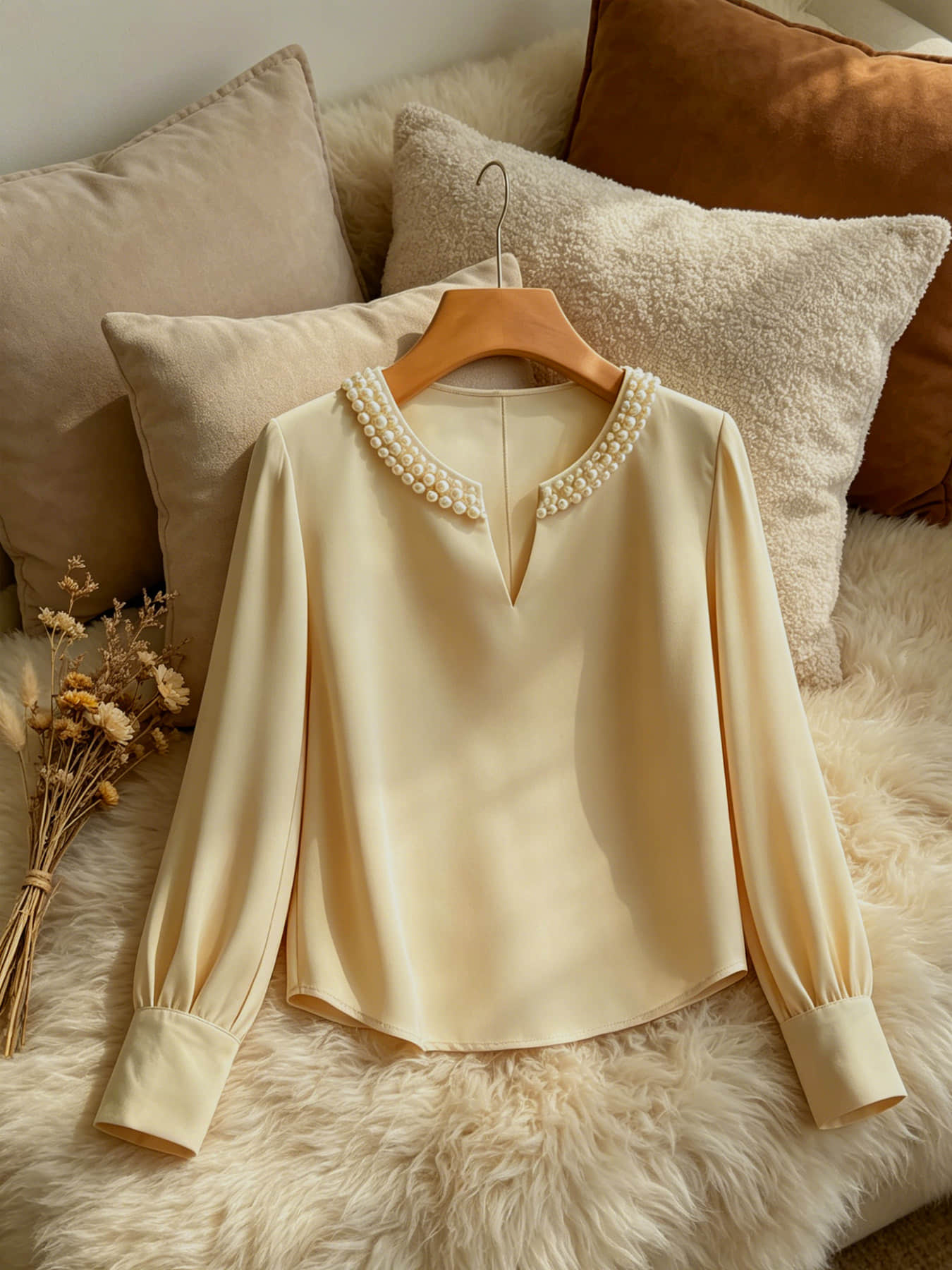 A women's pearl collar top, Blouse, with a V-neck small open neck, loose and versatile, showing off a slimming temperament. It is suitable for summer, business negotiations, customer meetings, commuting
