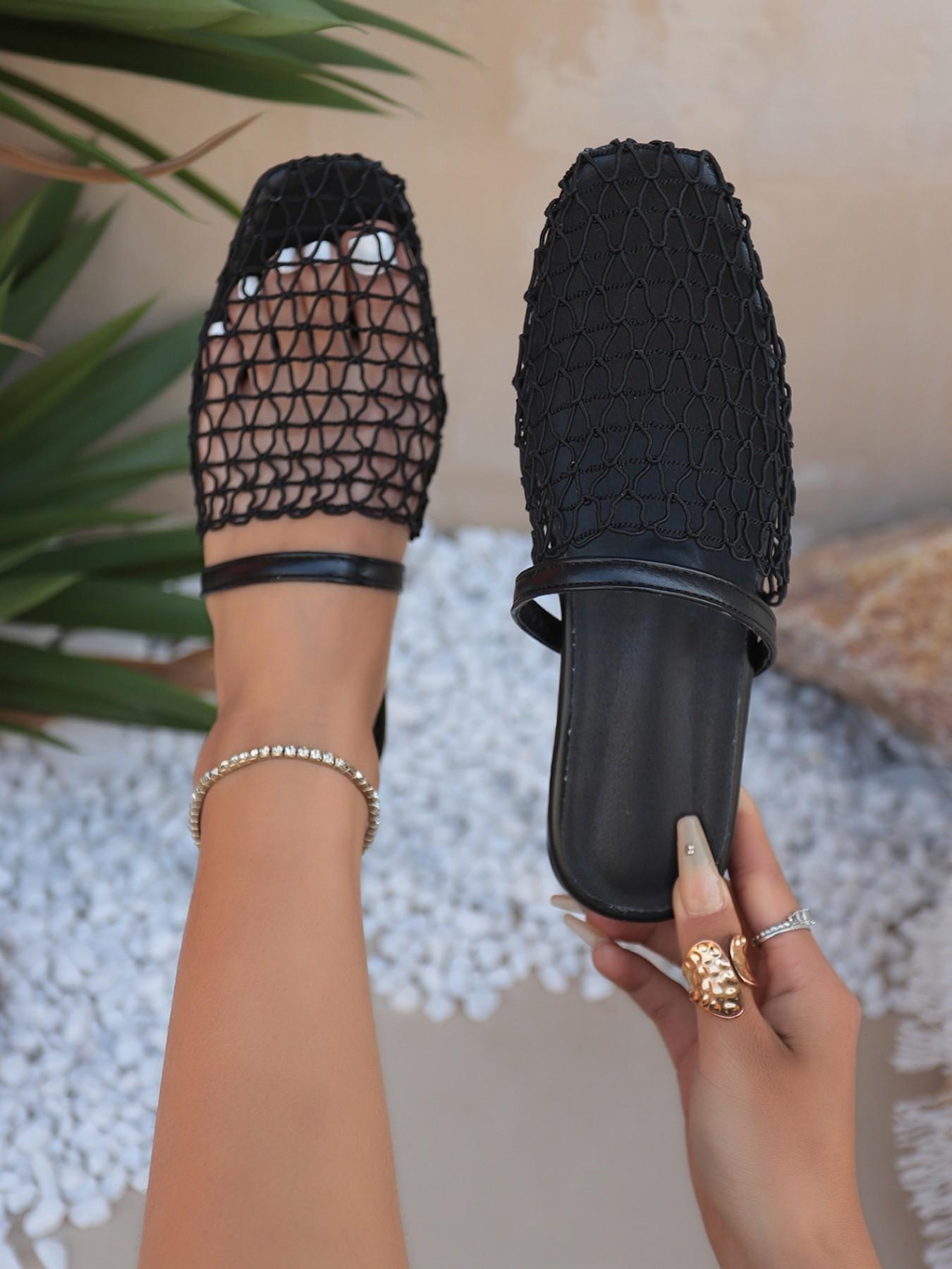 New European and American style bottom strap fishing net flat sandals, Roman shoes new hollowed out comfortable beach sandals, fashionable thick soled half slippers for women Unique Sandals