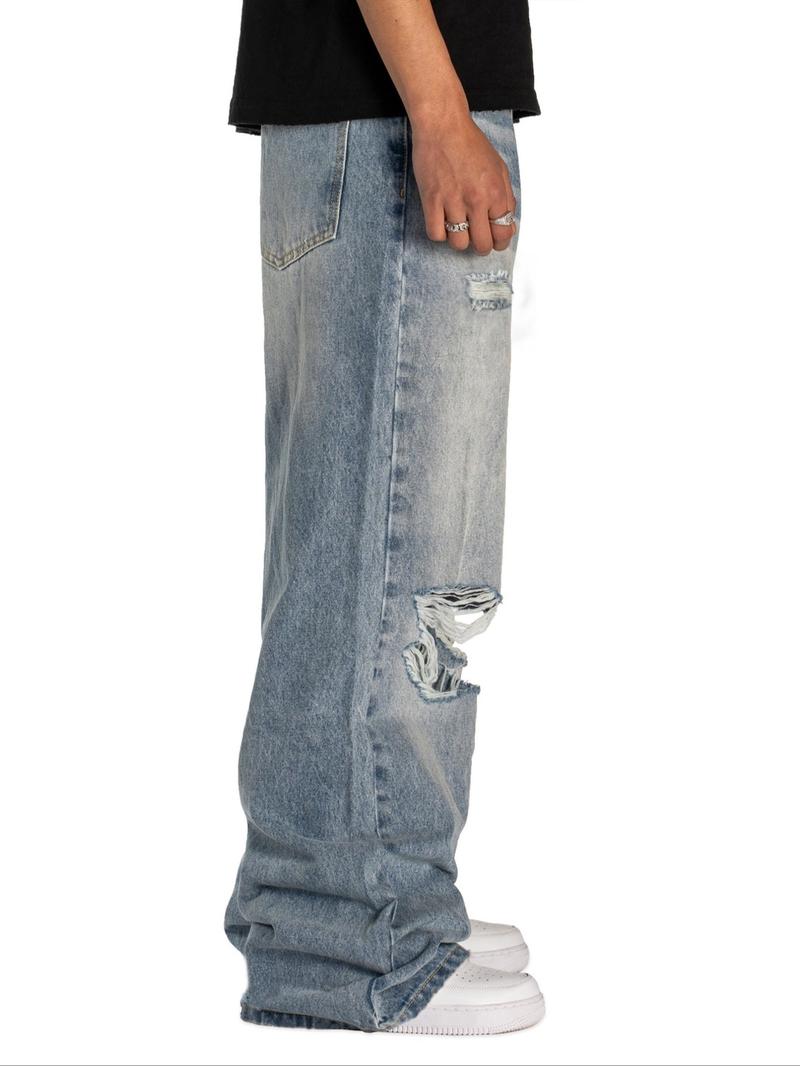 Men's Light Blue Ripped Loose Straight Jeans, All Seasons Street Style, Zipper Fly, Plain Pattern, Comfortable Fit