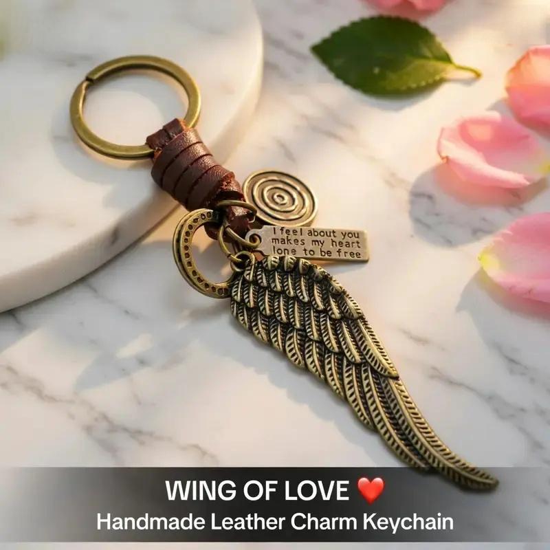 Vintage Angel Wing Keychain, Retro Leather Metal Wing Pendant Key Ring, Inspirational Quote Tag Key Accessory, 2 Colors Black Brown Optional Vintage Angel Wing Keychain, Retro Leather Metal Wing Pendant Key Ring, Inspirational Quote Tag Key Accessory, 2 Colors Black Brown Optional