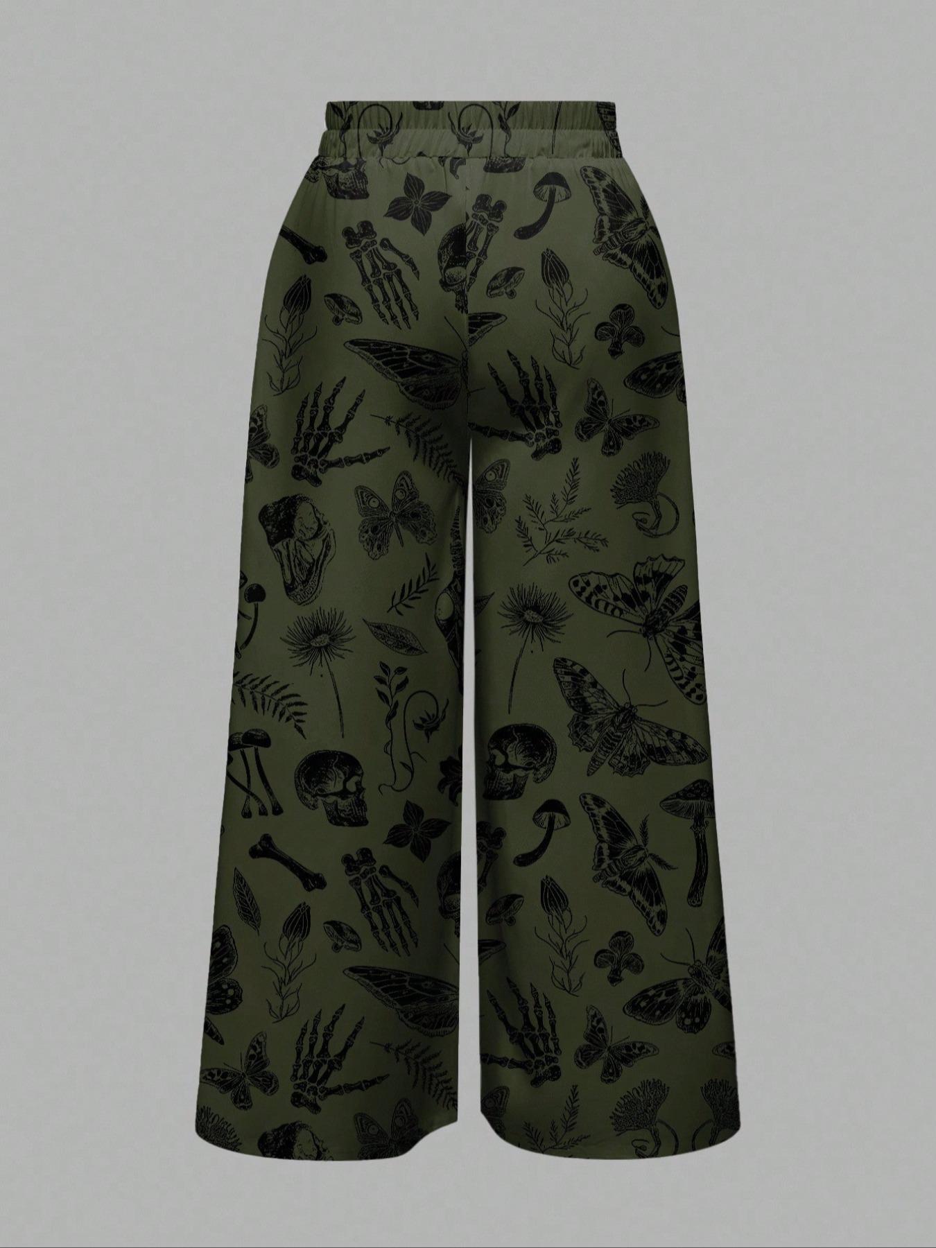 Gothic Plus Size Pants with Dark Moth, Skull, Snake and Insect Patterns, Fashionable Casual Trousers for Women