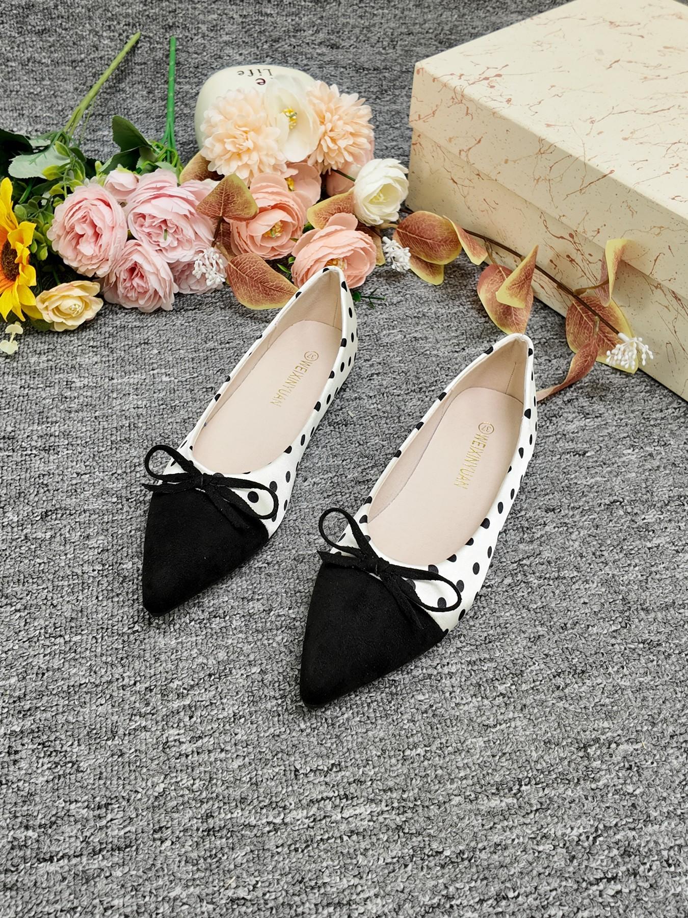 Elegant Polka Dot Colorblock Pointed Toe Shoes, Bow Soft Sole Low Heel Flats, Professional Office Women's Shoes