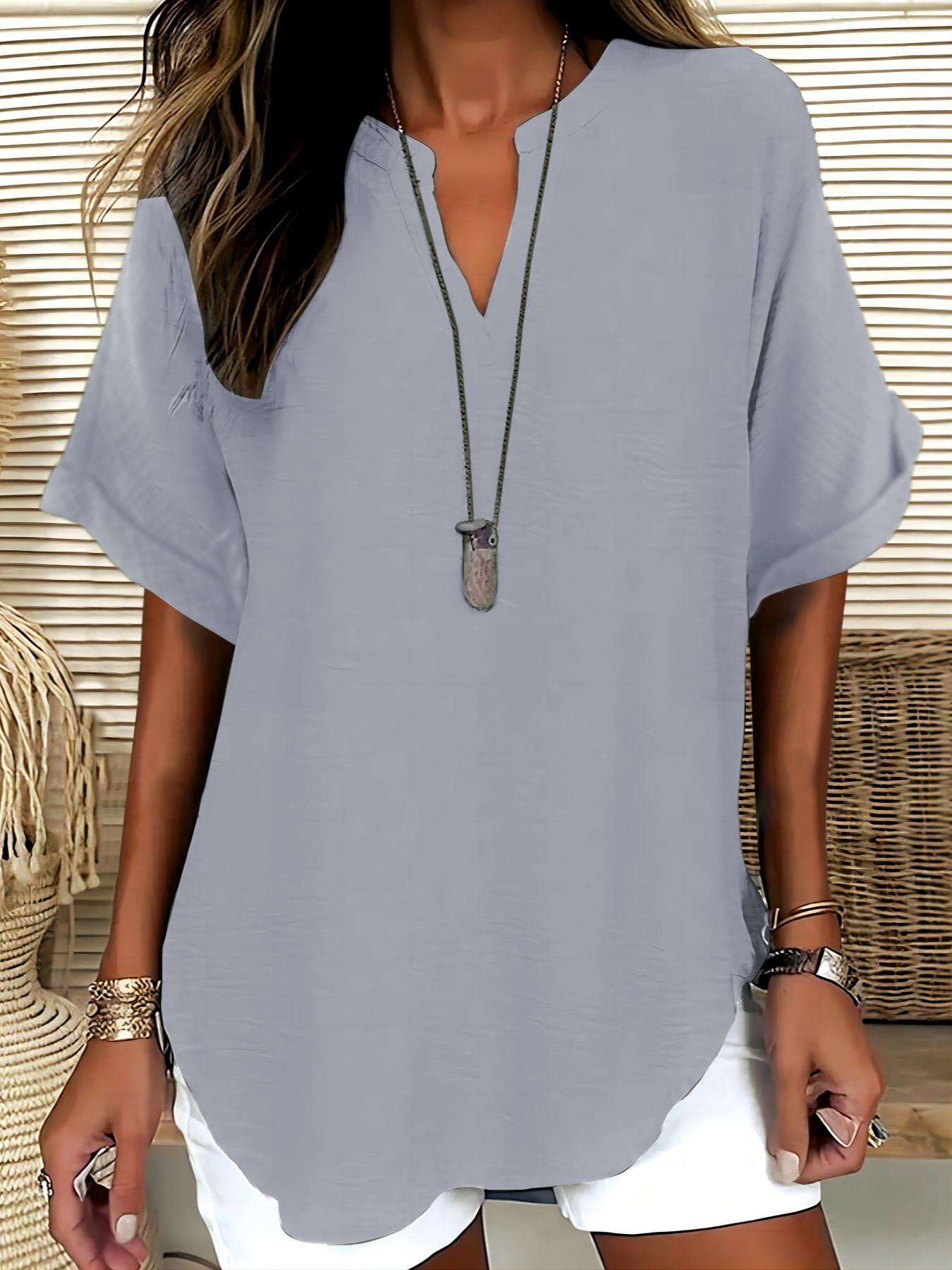 Women's Simple Vintage Solid V-Neck Short Sleeve Shirt Blouses, Casual Loose-Fitting Pullover, 100% Polyester, All Seasons Fashion Top