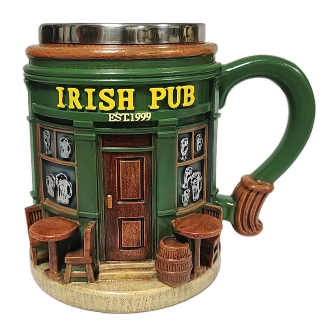 Irish Theme Tree Mug, Stainless Steel & Resin, Clover Pattern, Durable Tea Cup, Ideal for Irish Bar Decor, Moving Gift, St Patrick's Day Present