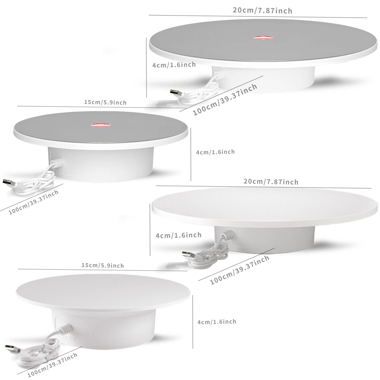 2Pcs 6 Inch 8 Inch The 360° electric rotating display stand, Display Holder, has a diameter of 15 CM 20 CM, The USB electric rotating table rotates clockwise and is suitable for jewelry, lipstick, watches, photography, figurines, live streaming