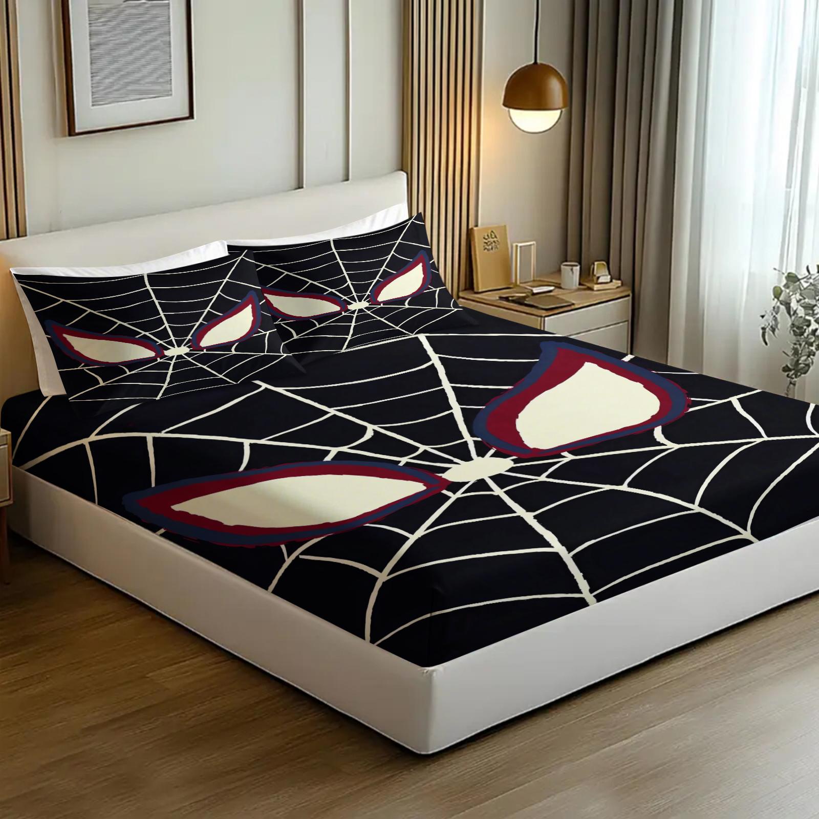 Spider web pattern printed bed sheet, Decorative Bedsheet Sets, warm and comfortable bedding, anti slip dust cover suitable for children's bedroom decoration, including 1 bed sheet and 2 pillowcases