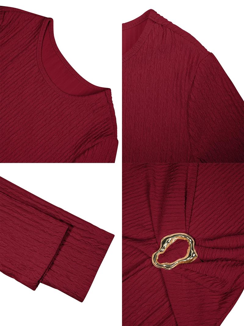 Aliling Women For Dresses Round Neck Long Sleeve Slim Fit Split Long Dresses Solid High Waist Bodycon Slim Female Elegant Party Clothing Casual