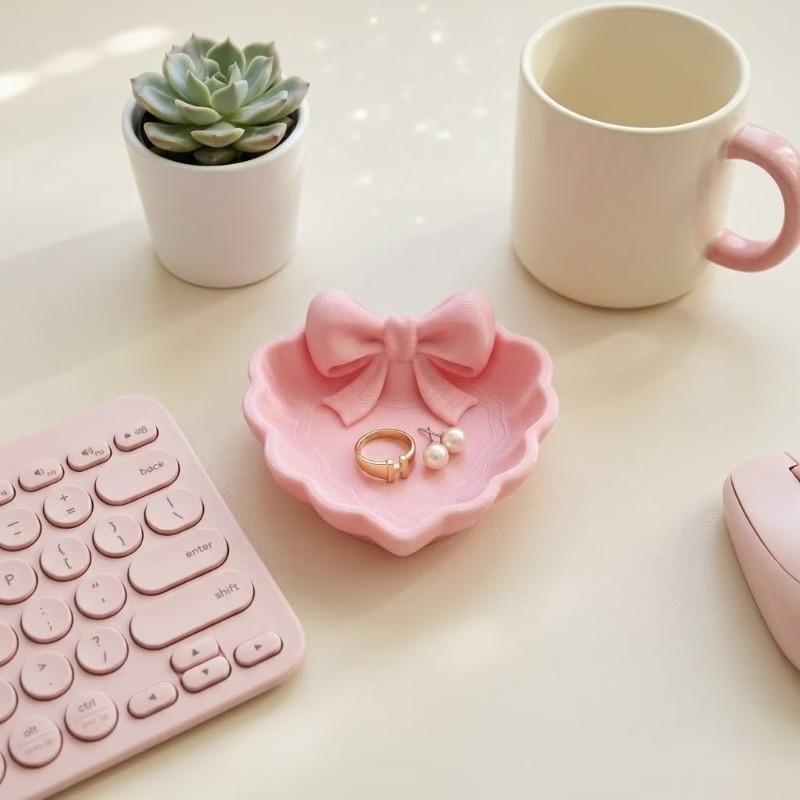Heart-Shaped Jewelry Tray with Bow, 3D Printed, Ideal for Vanity, Sink, Home Decor, Office Desk, Jewelry Storage