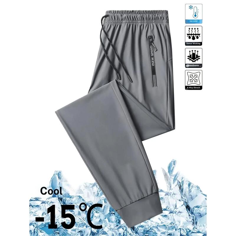 Unisex Plus Size Solid Grey Ice Silk Blend Athletic Joggers, 82.1% Polyester 17.9% Spandex, Drawstring Waist, Loose-Fitting, Cooling Effect, Breathable, Machine-Washable All-Seasons Sports Trousers
