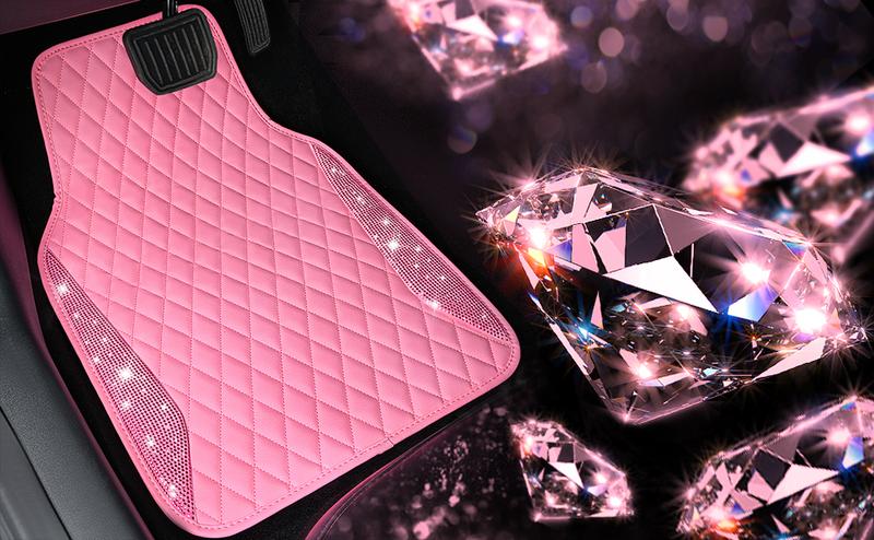CAR PASS 5pcs Pink Bling Leather Car Mats Shining Diamond Rhinestones Sparkly Anti-Slip Waterproof Universal Fit Automotive SUV,Sedan,Van,Girl Women