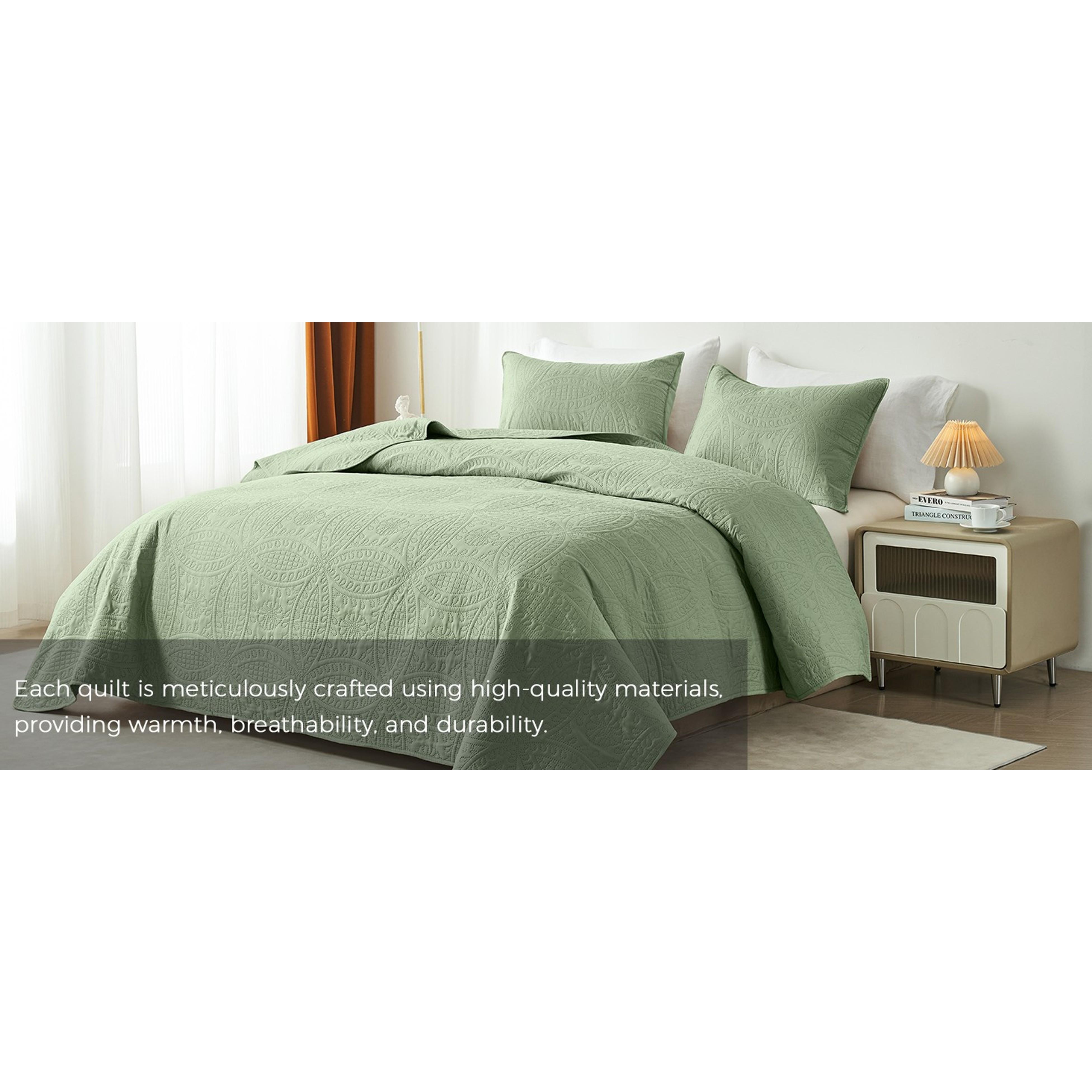 Quilts Queen Size,Sage Green Ultrasonic Full/Queen Quilt Set,Lightweight Soft Bedspread Coverlet,Modern Style Coin Pattern Bed Cover for All Seasons,3 Piece(1 Quilt,2 Pillow Shams)