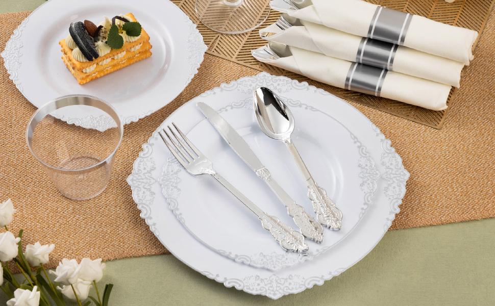 Bestluck 350PCS Silver Plastic Dinnerware Set for 50 Guests Includes 100 Plates 50 Silverware Sets 50 Napkins & Cups Vintage Gold Rim Elegant Disposable Perfect for Weddings Parties Special Events