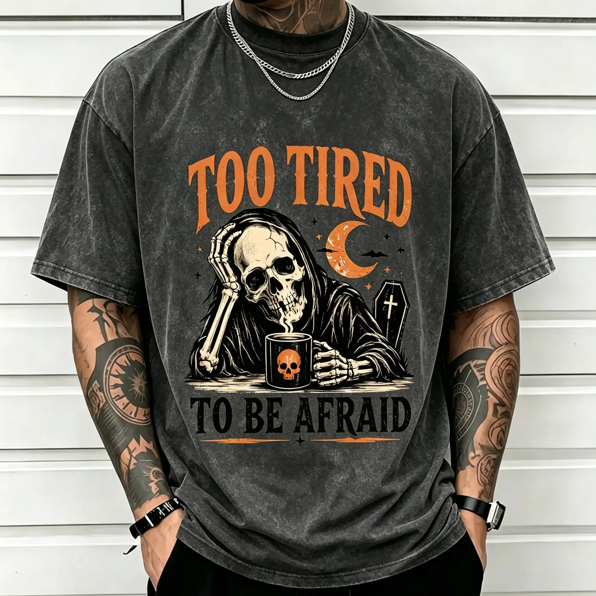 Men's Vintage Acid-Washed Skeleton Coffee Graphic Oversized Short-Sleeve T-Shirt - Retro Spooky Halloween Fall Loose-Fit Top  Casual Cotton