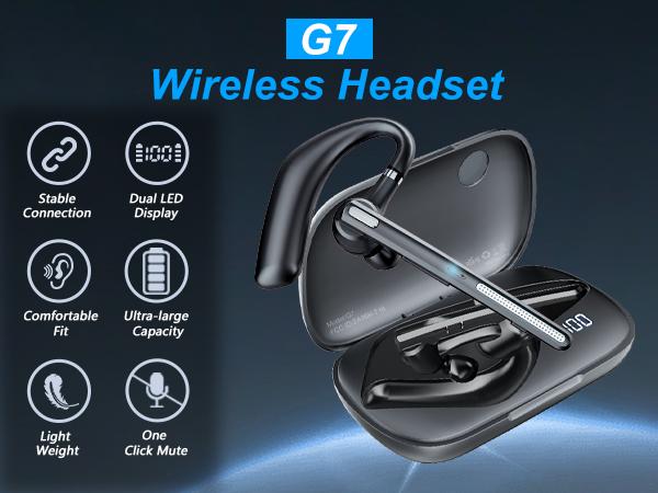 ONE LIFE TECH G7 Single-Ear Bluetooth Headset V5.3 with 500mAh Charging Case Noise-Canceling Mic Hands-Free for Office Driving Business Black Audio Earbud