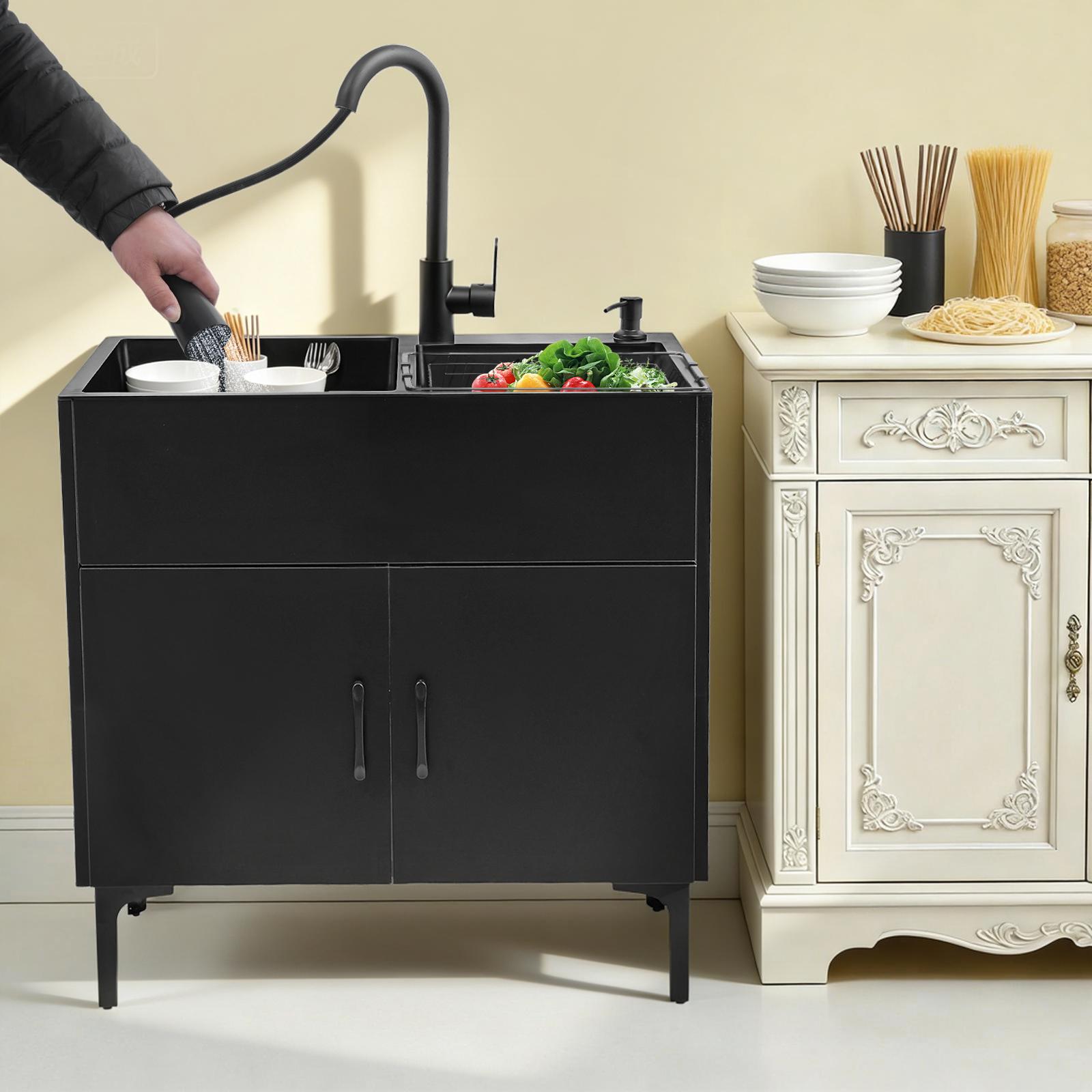 Laundry Utility Sink with Cabinet & Pull-Down Faucet Freestanding Stainless Steel Utility Sinks with 2 Doors Deluxe Bouble Kitchen Sink Wash Station Tub for Laundry & Kitchen, Bathroom(Black)