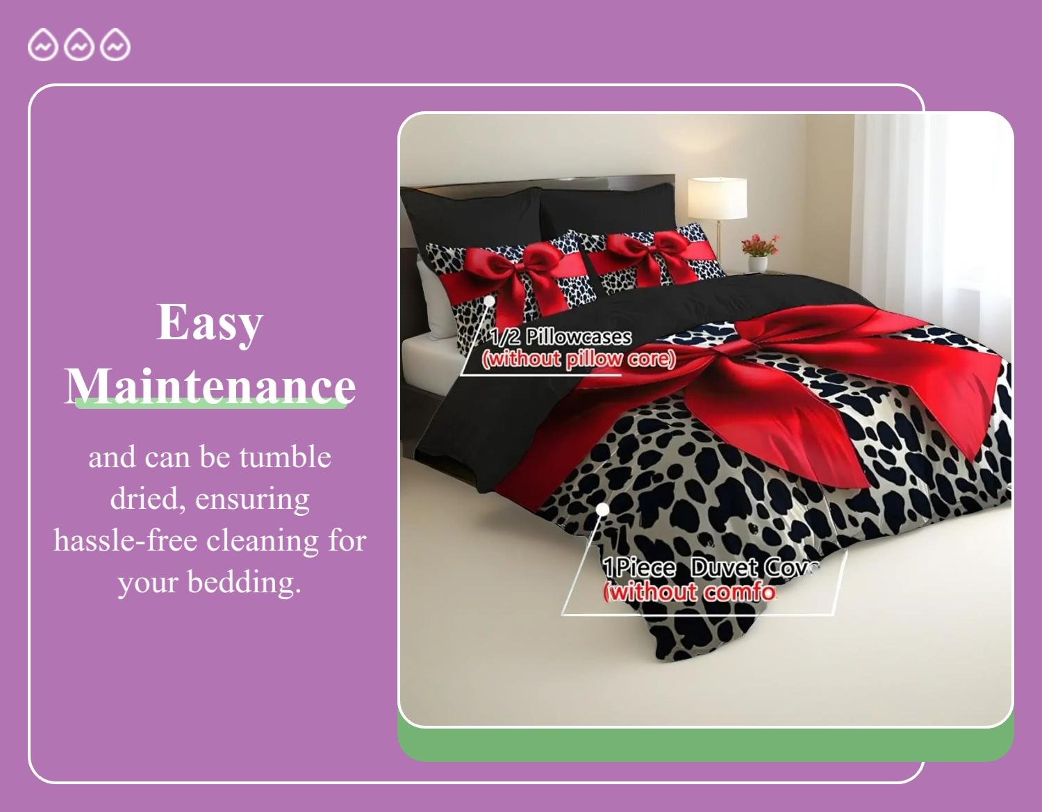 3pc Leopard Print Bedding Set, Soft Bedding Sets, leopard print and bow duvet cover Set, including 1 duvet cover and 2 pillowcases, a gift for friends, suitable for single beds and double beds, multiple sizes available, perfect for bedrooms, dormitories