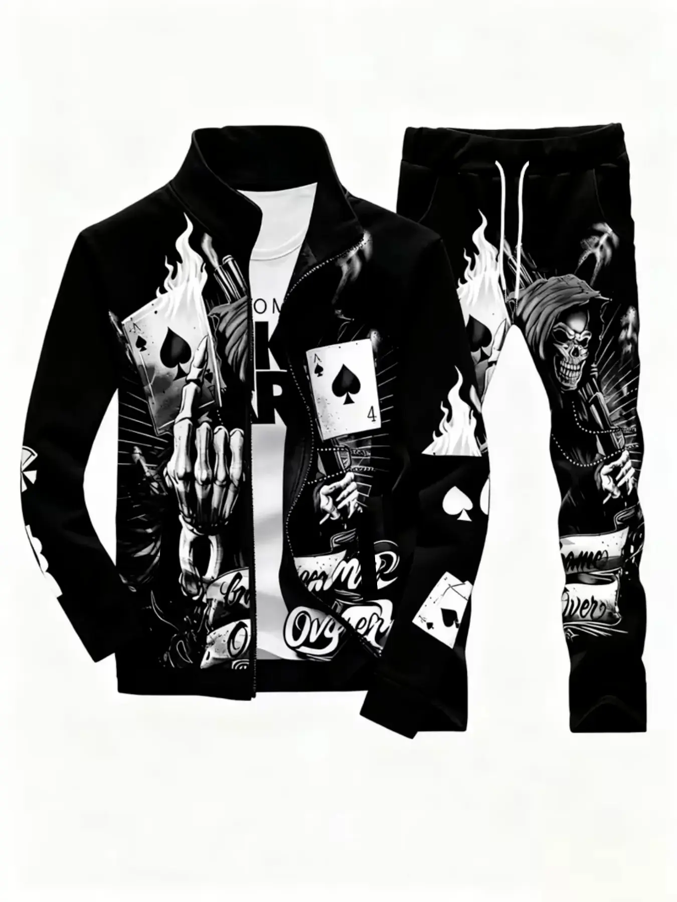 Men's Sporty Two-Piece Set, Athletic Outfits, Stand Collar Zipper Jacket with Drawstring Pants, Skull Hand Poker Flame Death Theme, Street Hip Hop Style