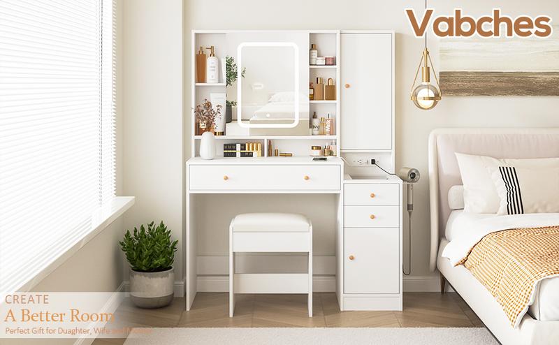 Vabches White Vanity Desk with Mirror and Lights, Vanity Table Makeup Vanity with Lights 3 Drawers and Cabinets