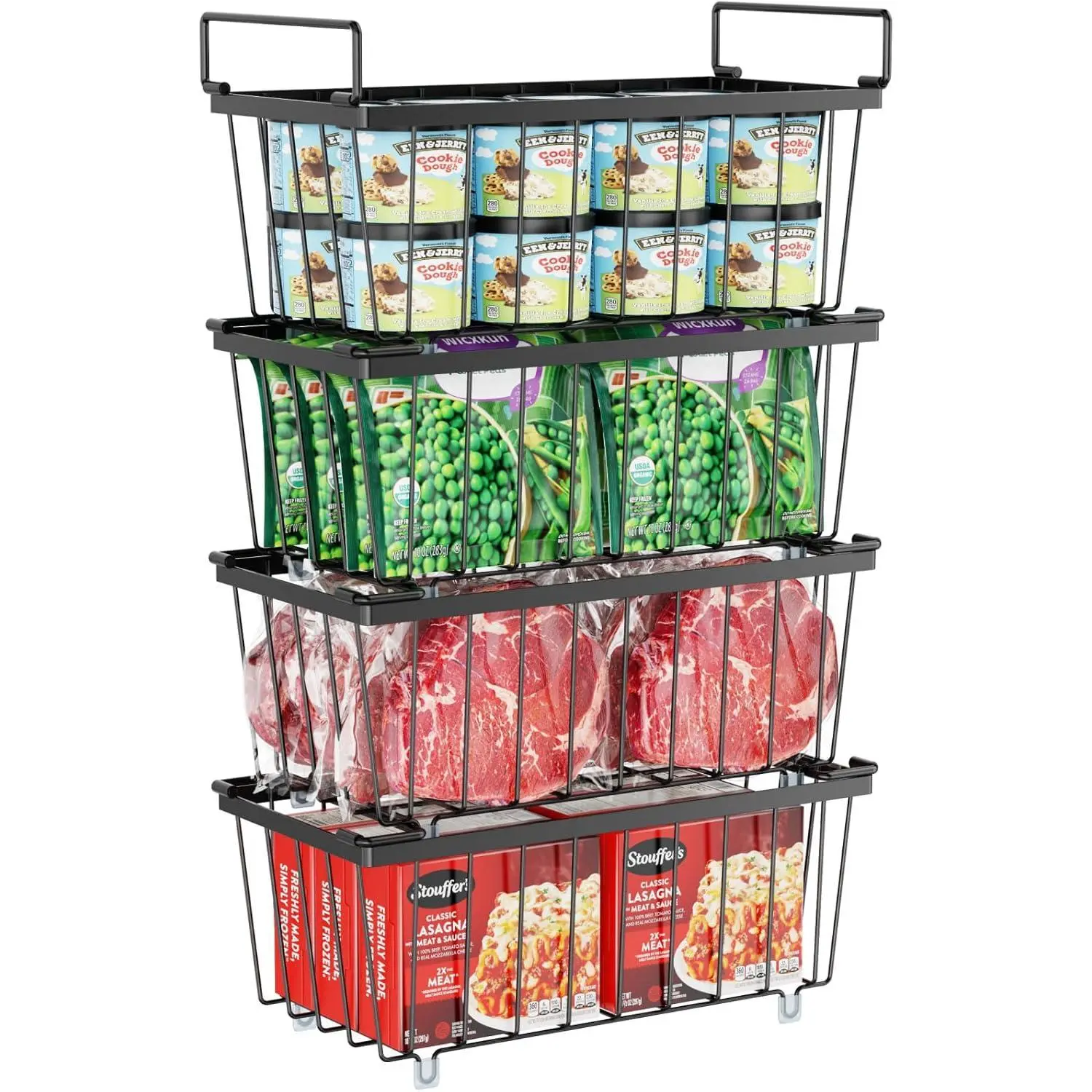 Freezer Organizer Bins, 4 Pack Deep Freezer Baskets for 5 to 7 Cu.Ft, Stackable Wire Chest Freezer Organizer Bins for Small Food, Strong Metal with Handles for Meat and Veggies, Black