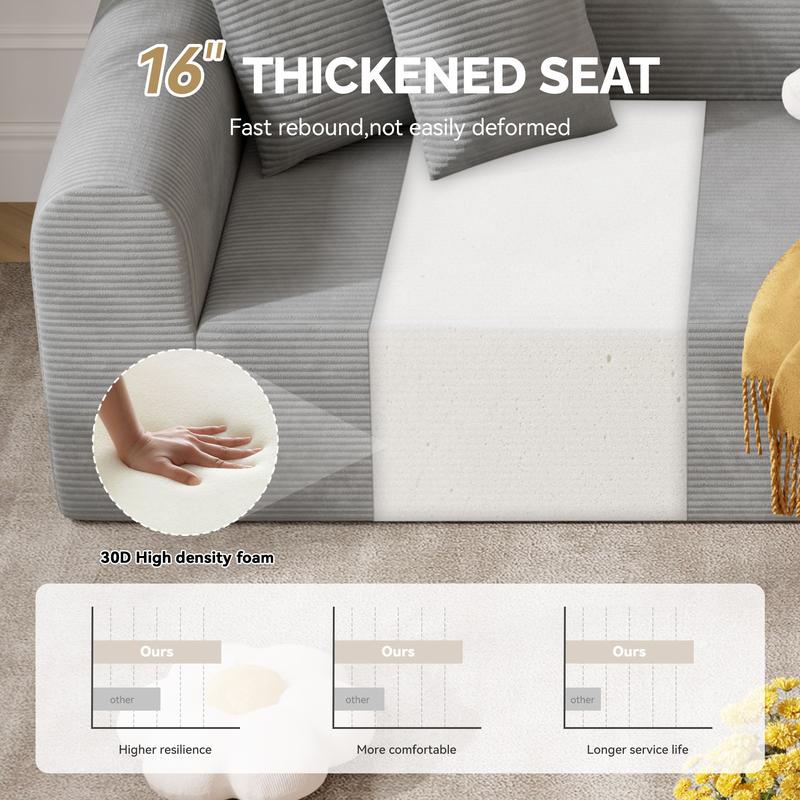 【Shipped in Two Packages】Modern Style Curved Sofa, Upholstery Corduroy Sofa Couch with 3 Pillows, Oversized Sleek Curved Sectional Boucle Fabric Couch for Living Room White