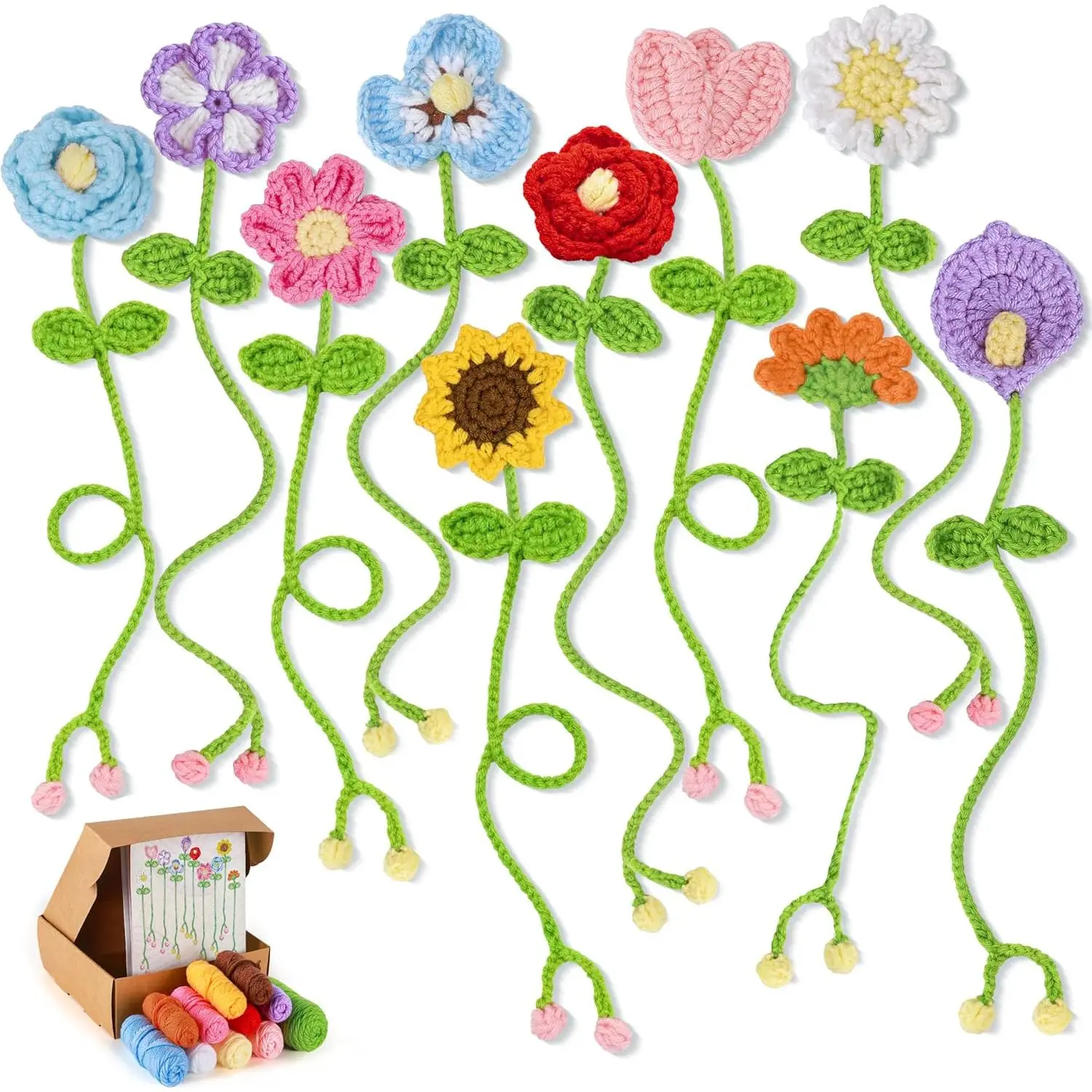 Crochet Kit for Beginners 10 Flower Bookmarks for Adults | Flower bookmark with video and written guidance; first projects and  gifts for crochet starter book lovers teacher