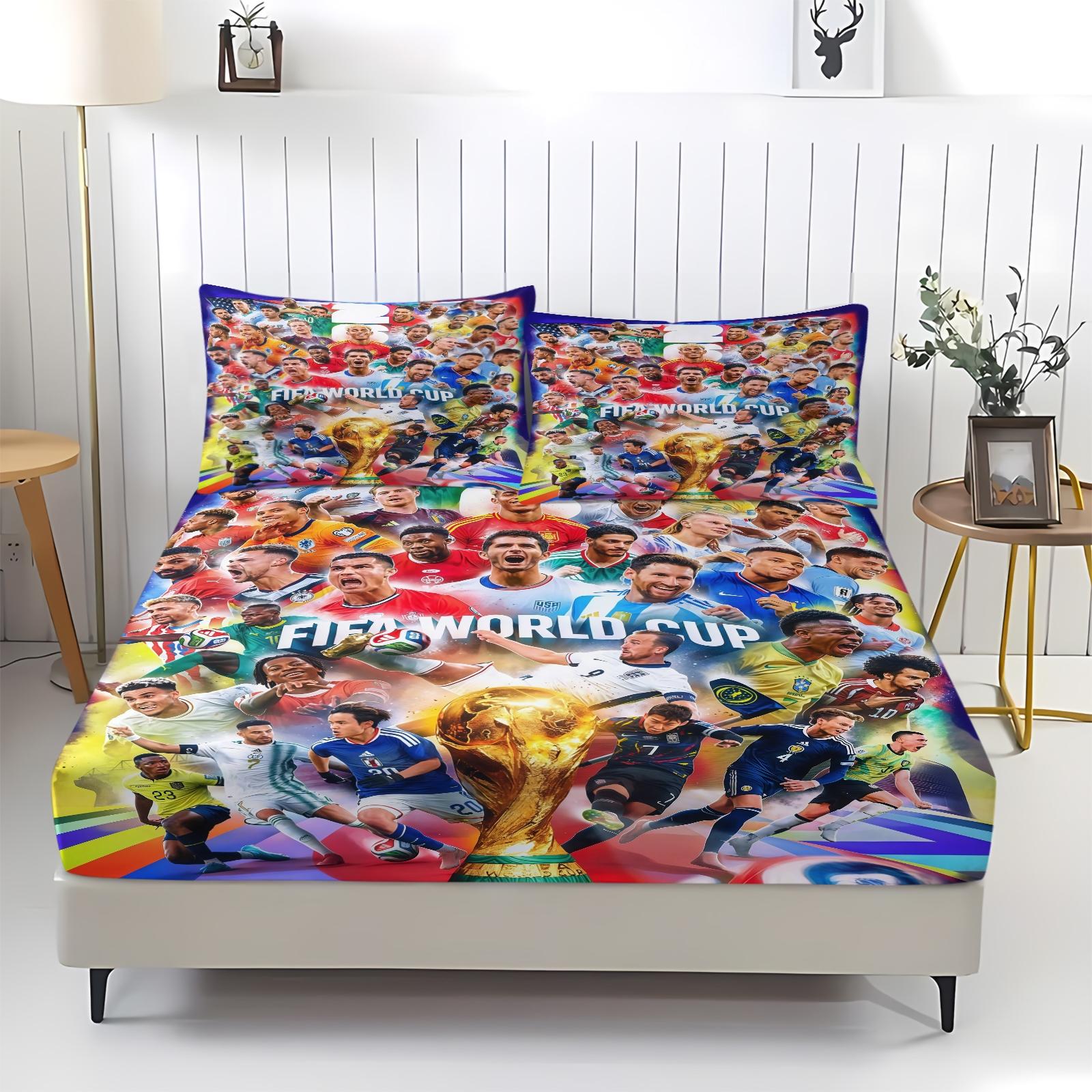 3-Piece World Cup Pattern Fitted Sheet Set, Soft And Durable Bedding Set, Including 1 Piece Flat Sheet And 2 Pieces Pillowcases, Daily Holiday Birthday Gift Bedroom Decorations For Kids And Adults