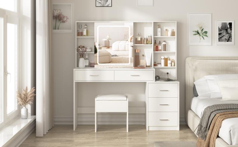 Vabches Vanity Desk with Mirror and Lights, White Vanity Table with 3 Color Lighting, Makeup Vanity Desk with Charging Station, 5 Drawer Storage, 5 Hooks, Hidden and Open Shelves