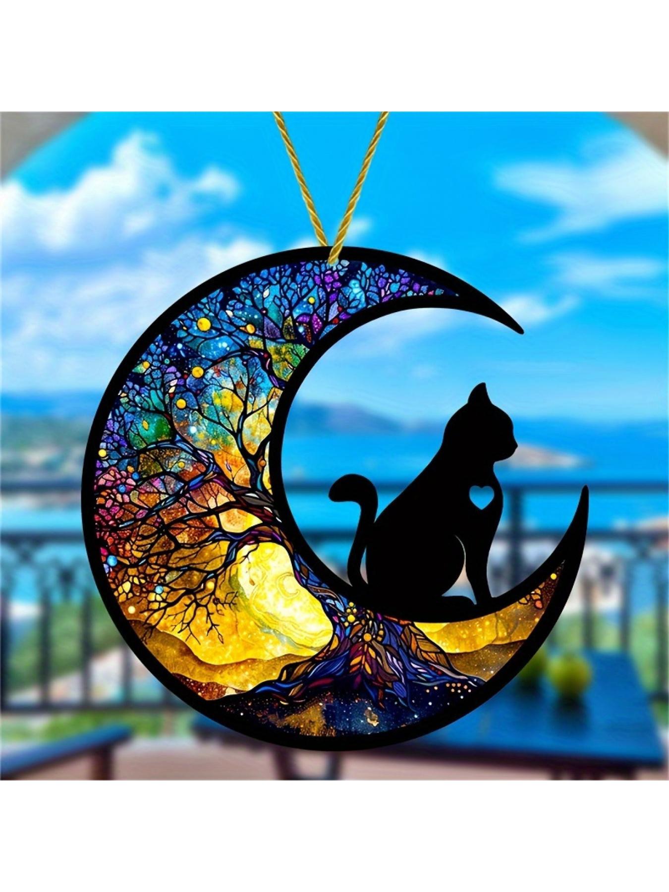 2D Flat Enchanted Cat Moon Phase Acrylic Suncatcher Painted Stained Glass Style Window Ornament Home Garden Decoration Ideal Gift for Mom and Friends