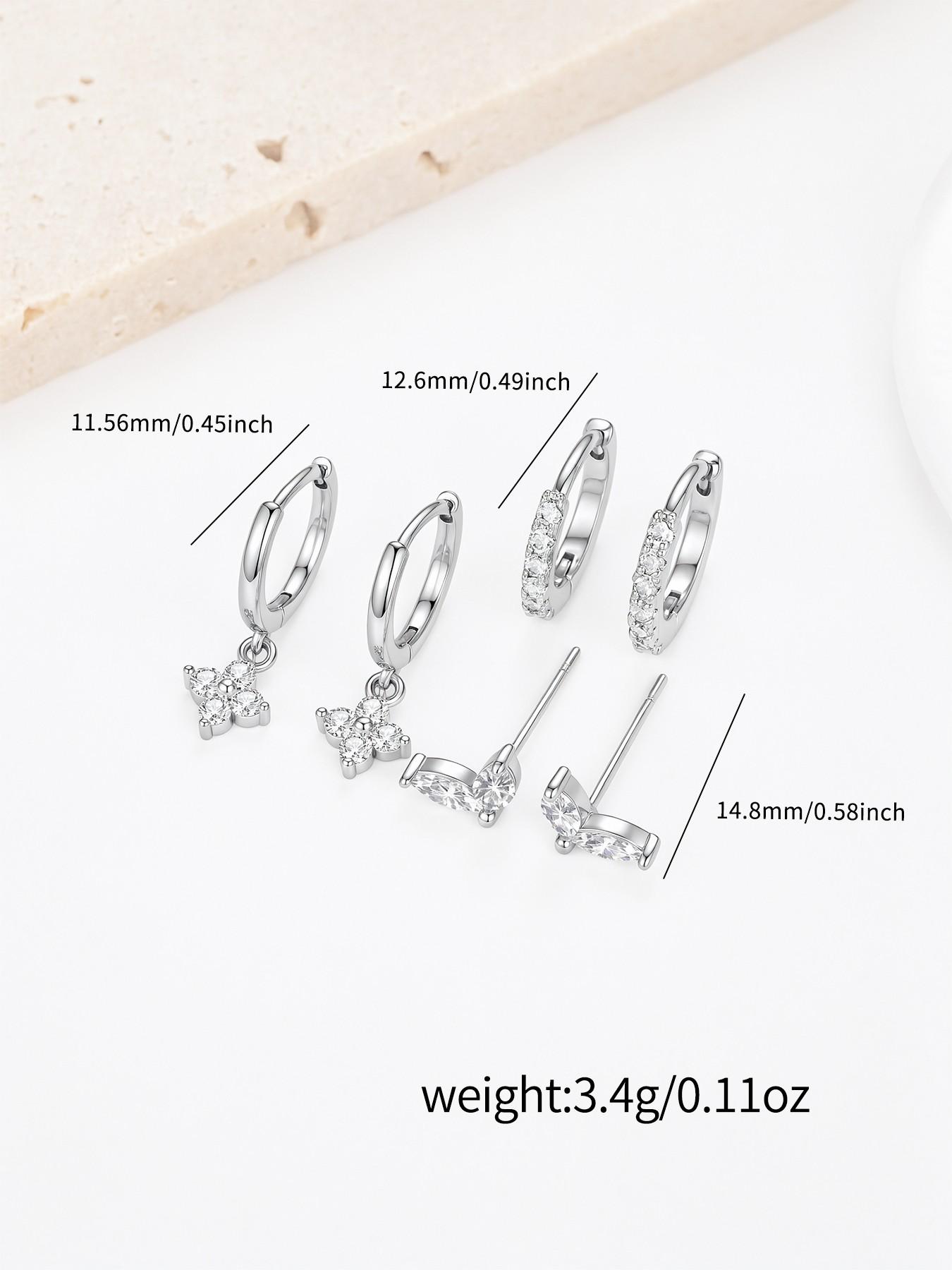 3-Piece Stackable Earrings Set, Floral Dangle Ear Cuffs + Rhinestone Studs + V-Shaped Hoops, Allergy-Free, Trendy for Office & Dates