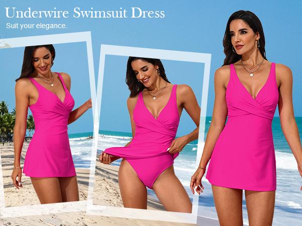 Hilor Women's Underwire One Piece Swimsuits Twist Front V-Neck Swimdress Flowy Tummy Control Skirted Bathing Suit Swim Dress