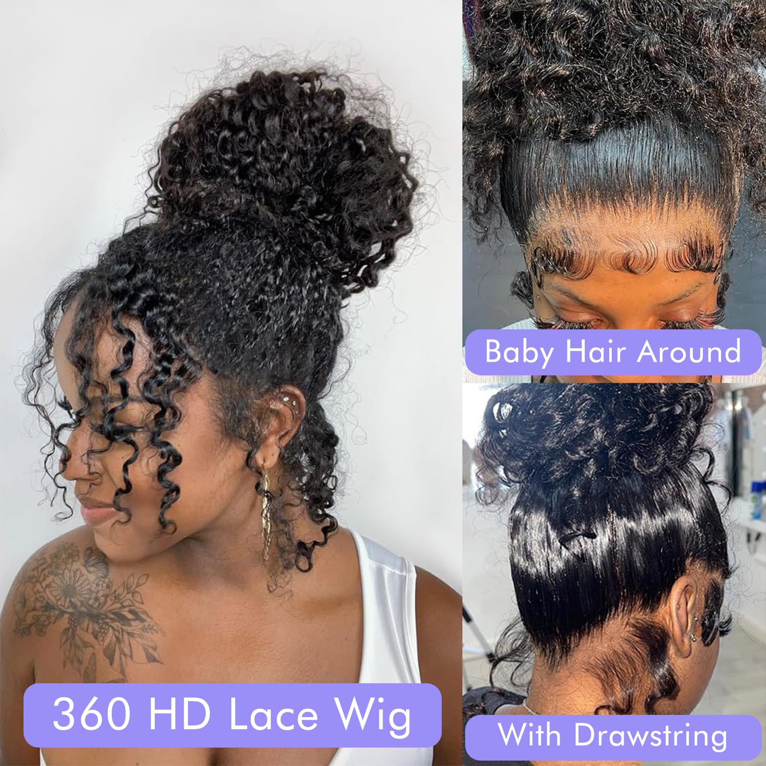 Hidden Straps 360 Lace Front Wigs Human Hair 180% Density Deep Wave 360 Full HD Lace Wigs with Drawstring Pre Plucked With Baby Hair for Women Natural Black 99J Burgundy 4/27 Highlight Ombre