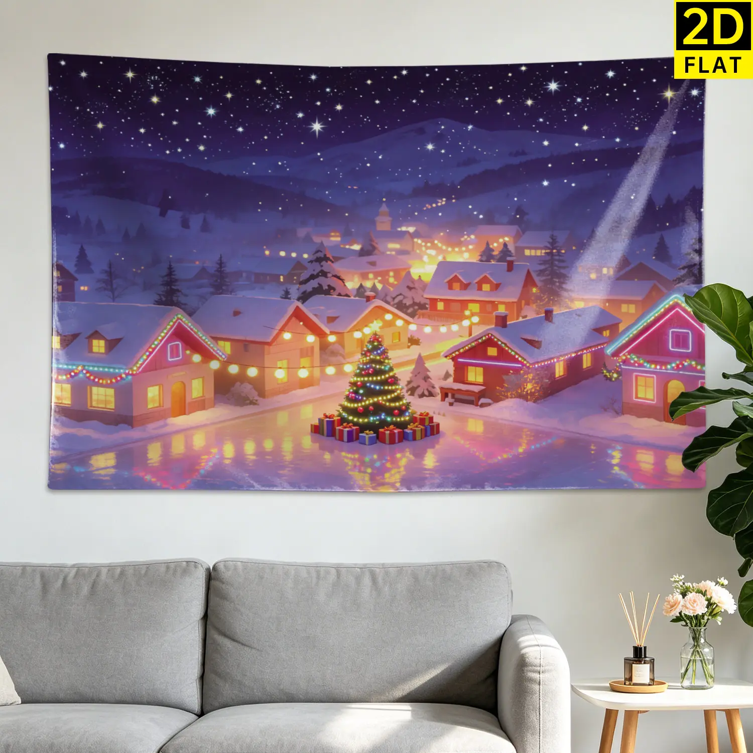 Christmas Night Snowy Village Holiday Decoration Wall tapestry,Large size Printed Horizontal Tapestry blanket,Polyester Fabric Wall Hanging for living room,bedroom,No Installation Required,Indoor,Outdoor,Gift for Family and Friends