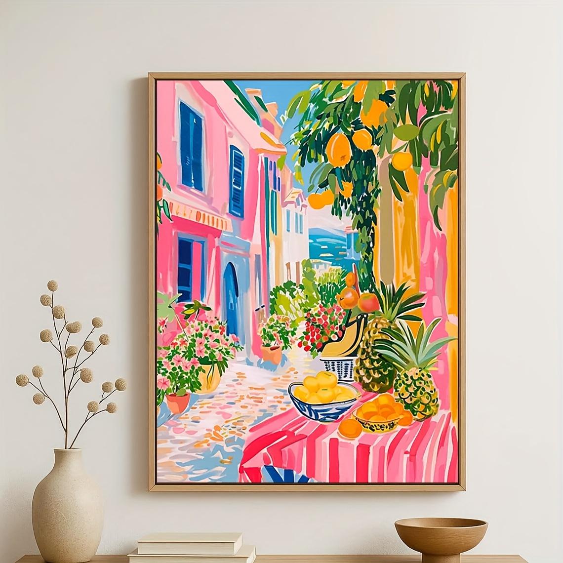 1pc Colorful Mediterranean Town Fruit Street Poster, Unframed Bright Summer Seaside Village Landscape Wall Print, Tropical Fruit & Pastel Building Wall Art, Decor Picture for Living Room, Bedroom, Home Wall Decor, No Frame