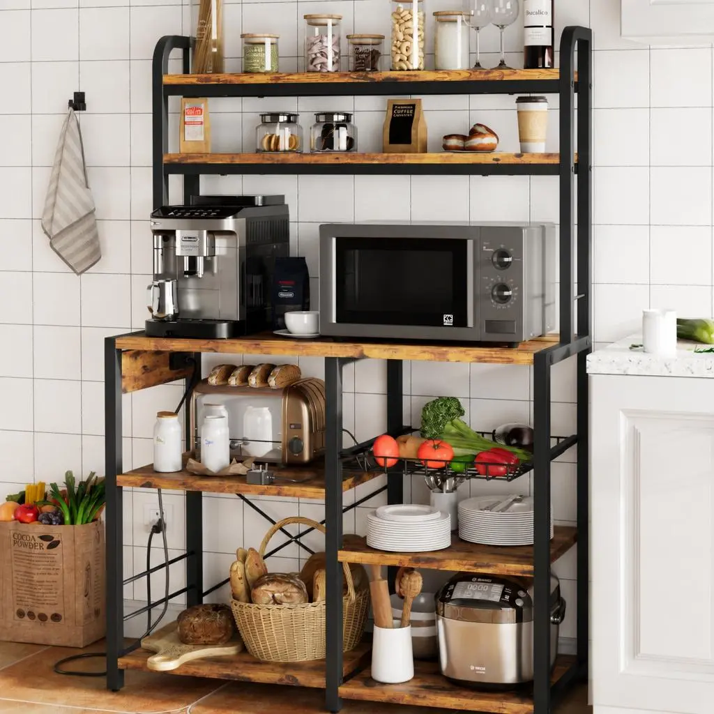 Multi-Tier Storage Organizer Bookshelf – 6-Tier Bakers Rack with Power Outlets, Microwave Stand, Storage Cabinet, Open Shelves, Wire Basket – Coffee Bar for Kitchen, Dining, Living Room