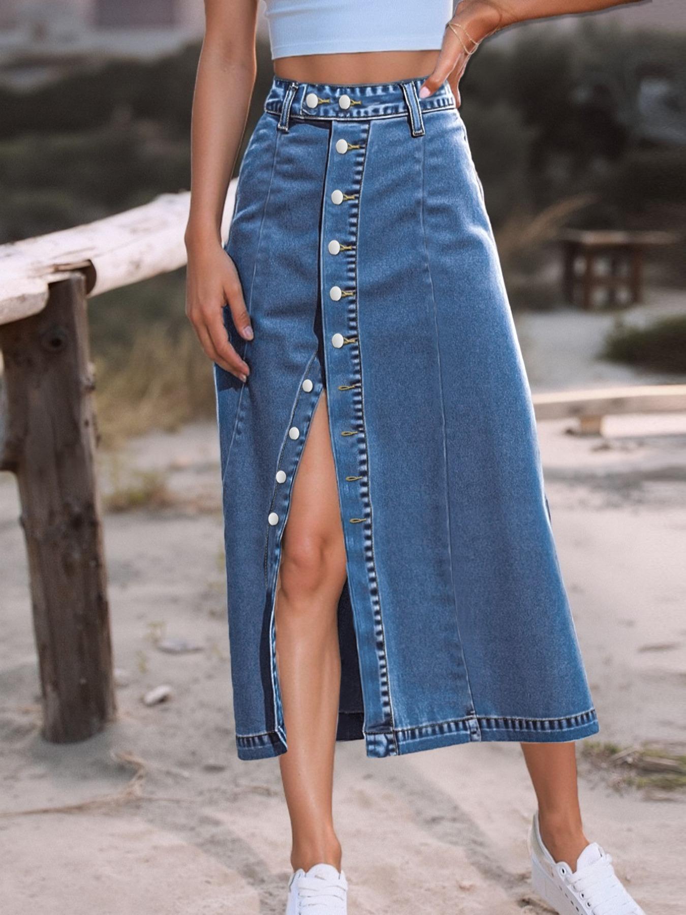 Elastic Washed Casual Button Fly Denim Midi Skirt for Women, All Seasons Wearable, Versatile Everyday Fashion for Daily and Dates
