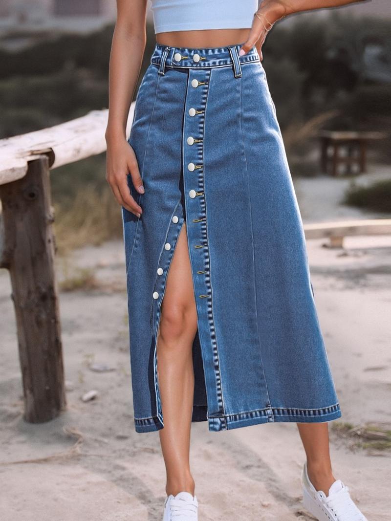 Elastic Washed Casual Button Fly Denim Midi Skirt for Women, All Seasons Wearable, Versatile Fashion for Daily and Dates