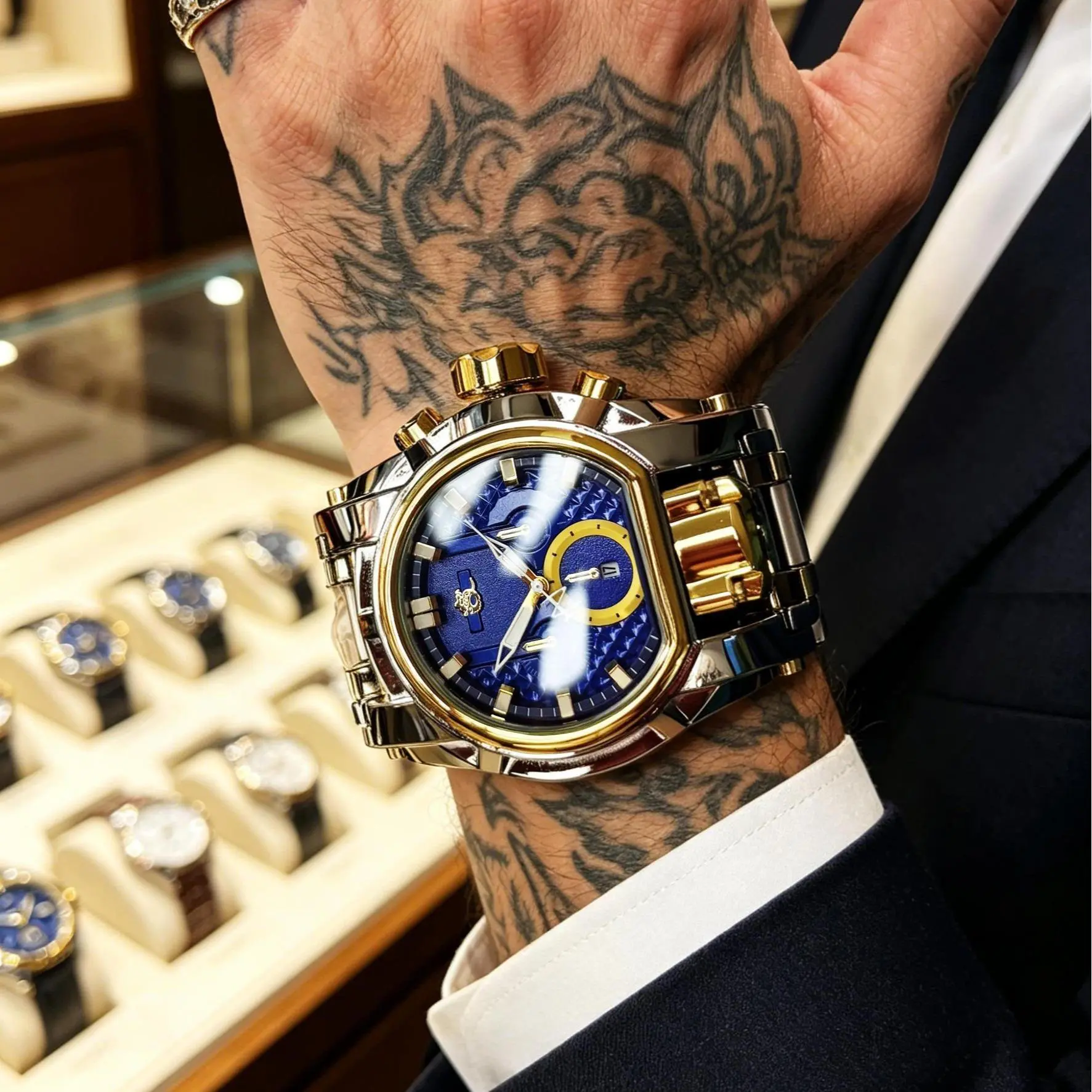 Color Blocked Big Dial & Polished Punk Tough Guy Trendy Casual Watch with Solid Steel Band for Men Gift Box Packing