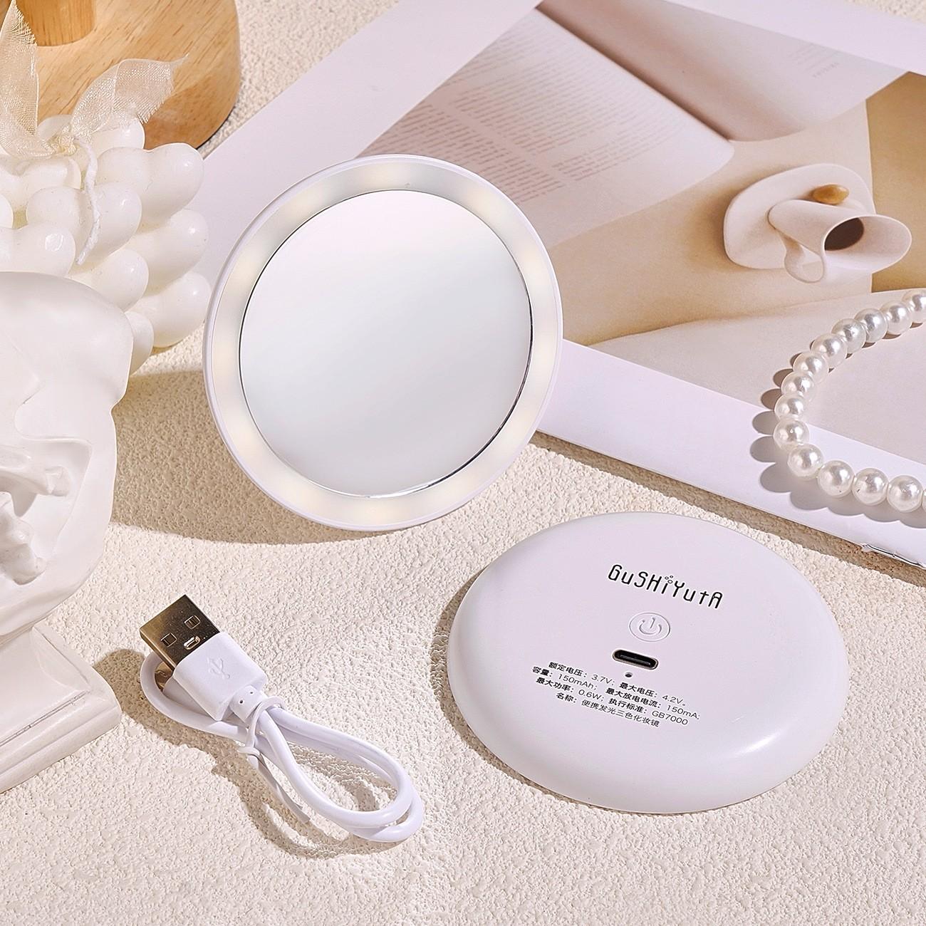 ✨A portable and compact illuminated vanity mirror for travel, USB rechargeable with three-color dimmable lighting, a pocket-sized touch-up mirror, an essential tool for daily makeup.