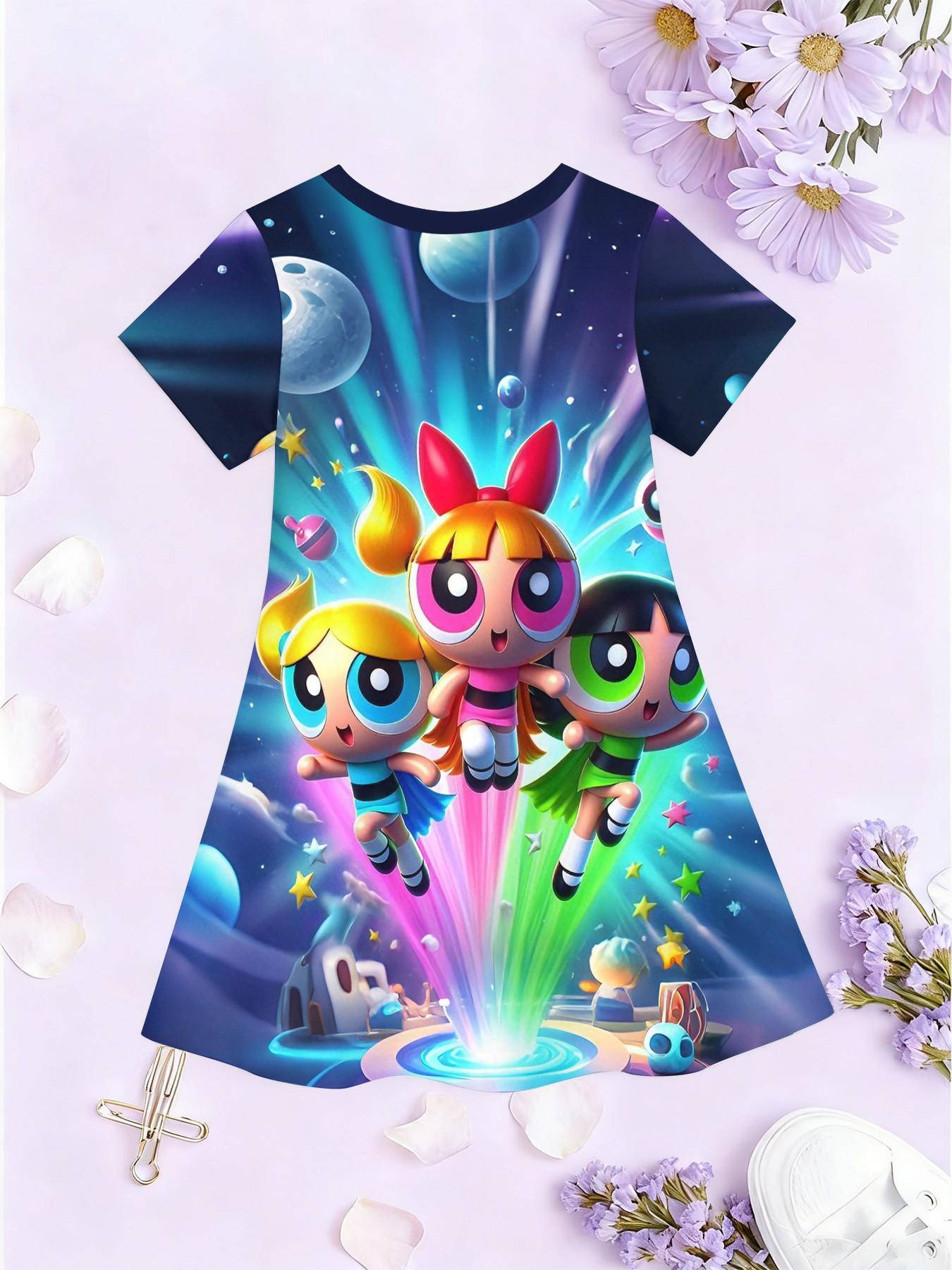 Girls' 3D Space Print A-Line Dress, Cute Cartoon Short Sleeve Skirt, Fashion Outdoor Wear, Birthday Gift, Holiday Gift