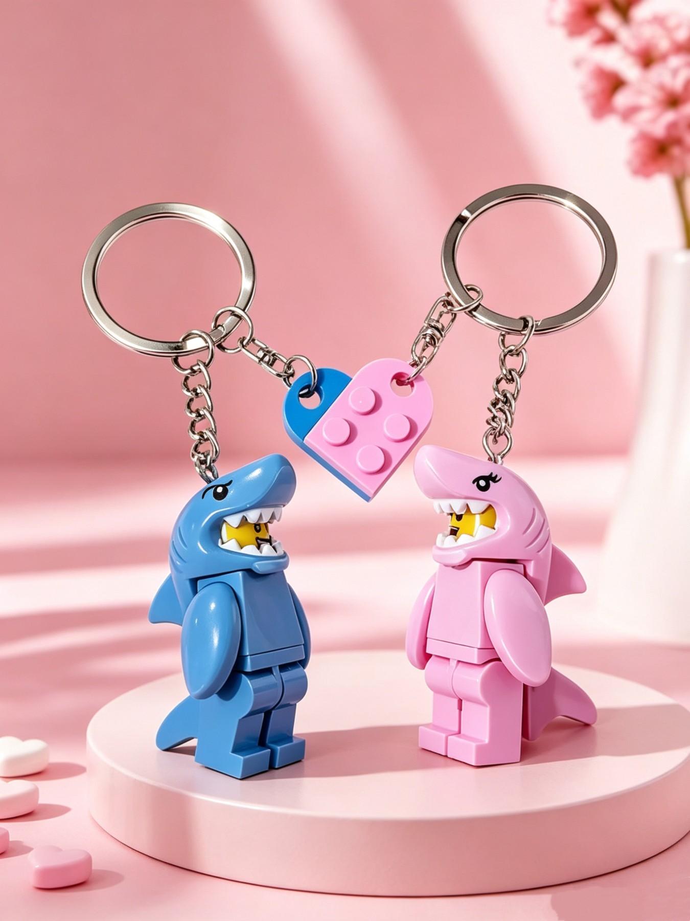 Puzzle Shark Couple Keychain, Blue Heart Half-Puzzle Keychain, Cute Love Accessory, Friendship Keychain Gift, Casual Style, Couple Key Ring