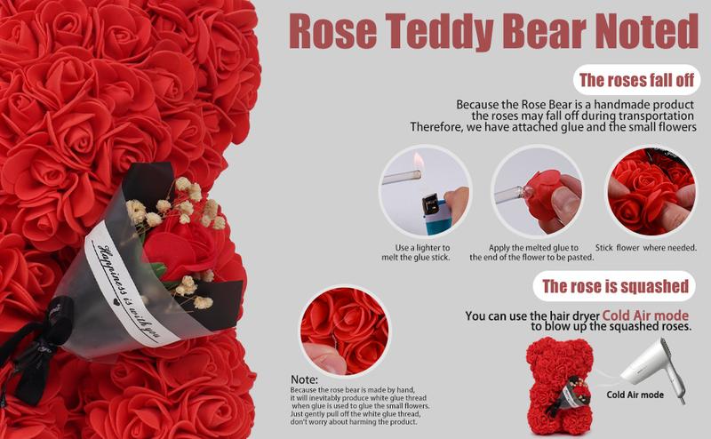 Rose Bear Gifts for Women-Best Gift for Valentine's Day,Mother's Day,Christmas,Birthday,Handmade Artificial Rose Teddy Bear Gifts for Girlfriend,Mom, and Daughters, Artificial Roses Bouquet with Bear Shaped Design,Surprise Clear Gift Box