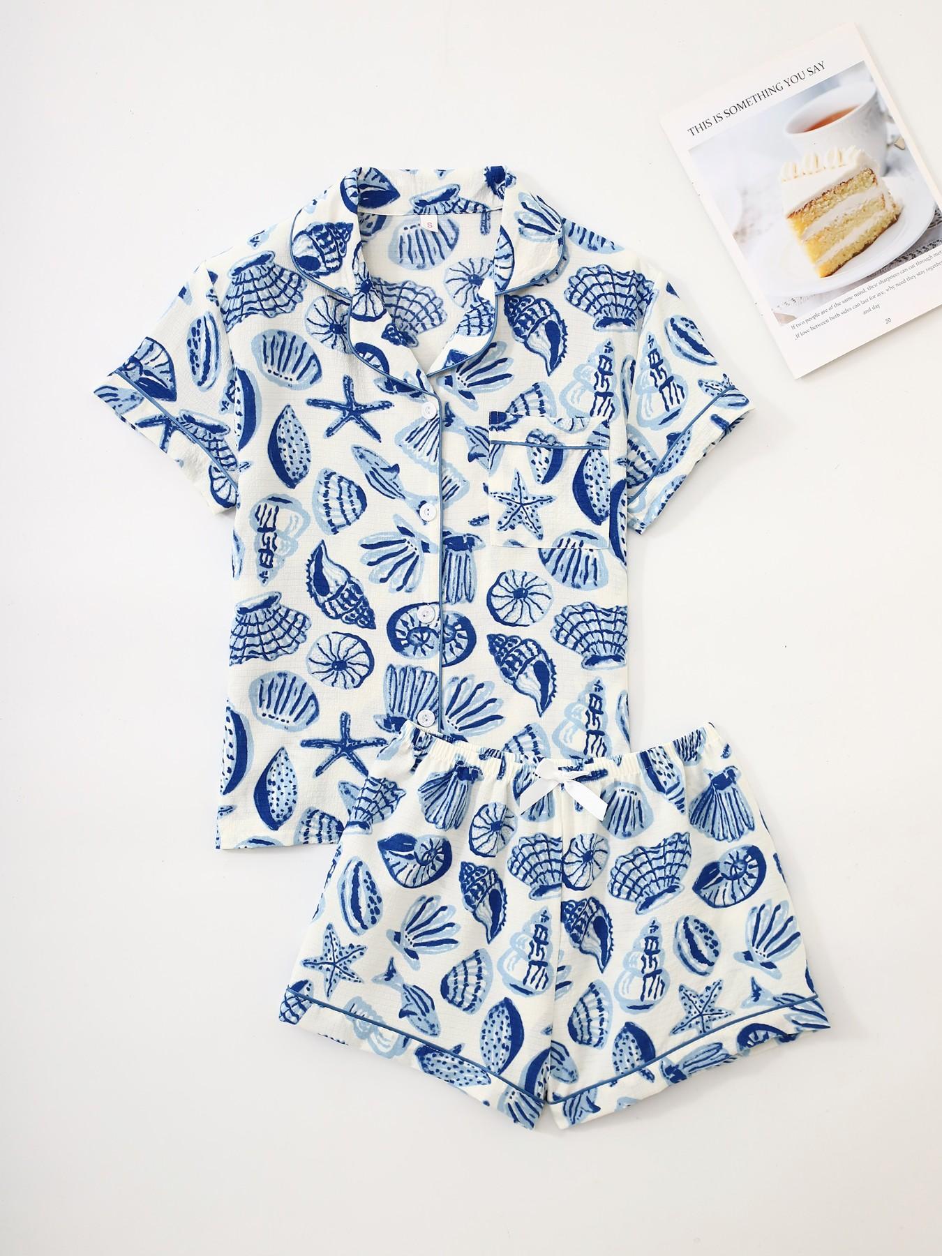 Women's Pajama Set, Shell Starfish Print Loungewear, Short Sleeve Button-Down Shirt & Elastic Waist Shorts, Casual and Comfortable Nightwear for All Seasons, Pyjamas Set